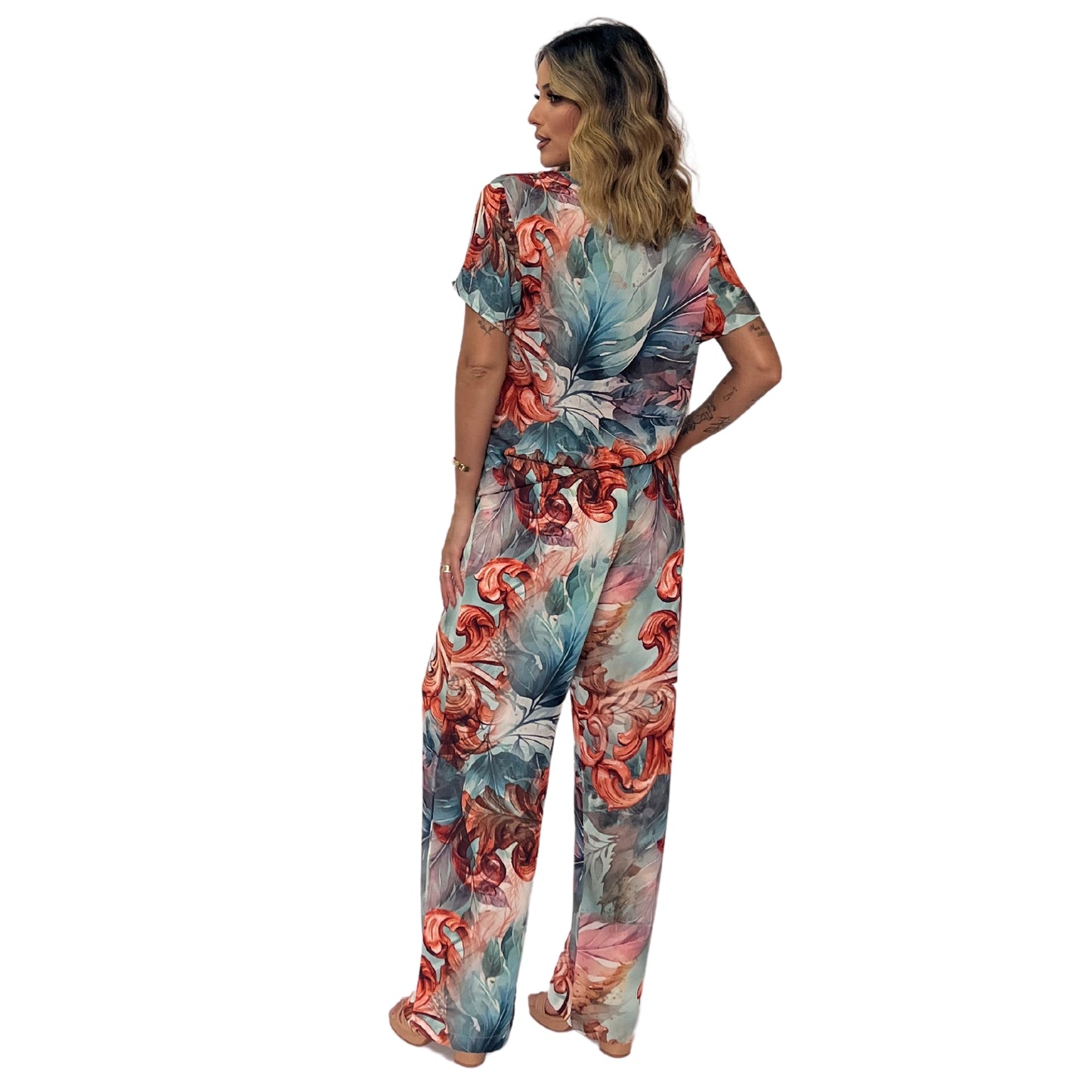 Conjunto Blusa decote "V" e calça pantalona Castelhanos