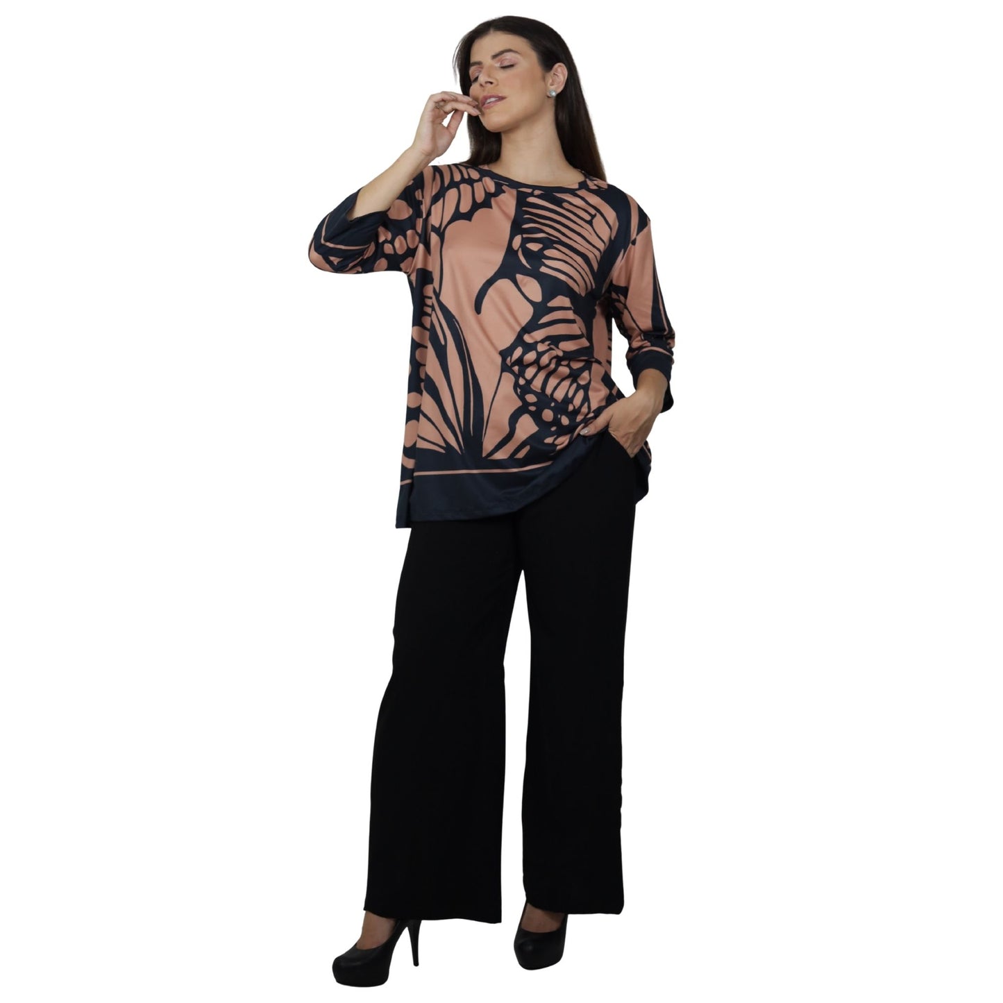 Blusa Decote "V" manga 3/4 BIXUGRILLO estampada Borboleta Preta