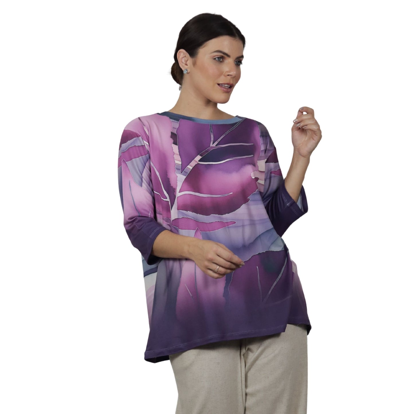 Blusa Decote "V" manga 3/4 BIXUGRILLO estampada Folhas Vinho