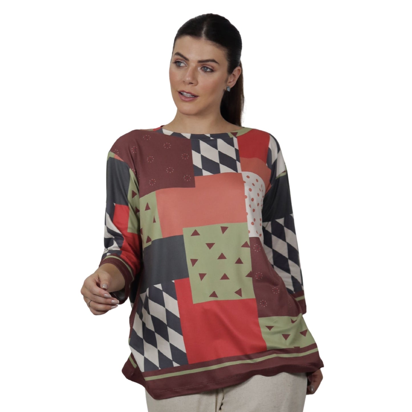 Blusa Decote "V" manga 3/4 BIXUGRILLO estampada Patchwork Quadrados