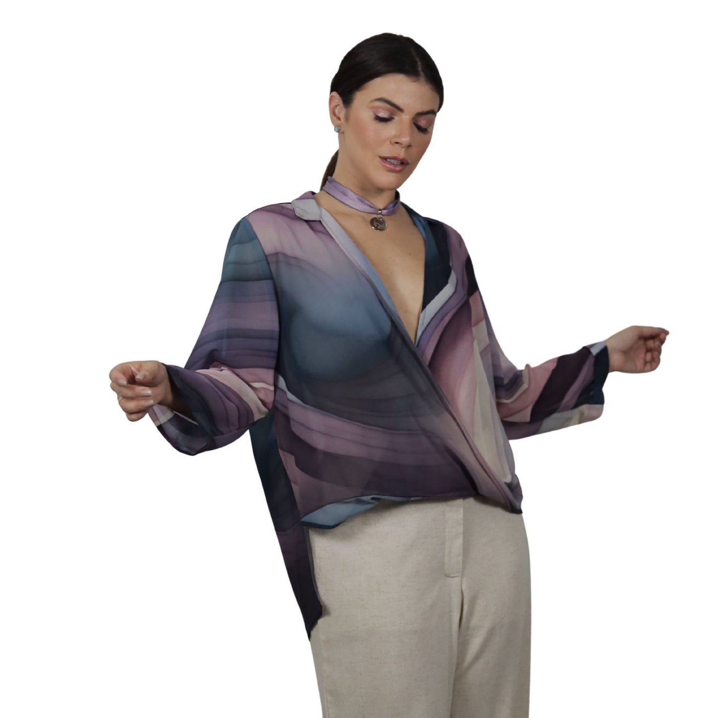 Blusa manga longa trespassada BIXUGRILLO estampada ondas vinho