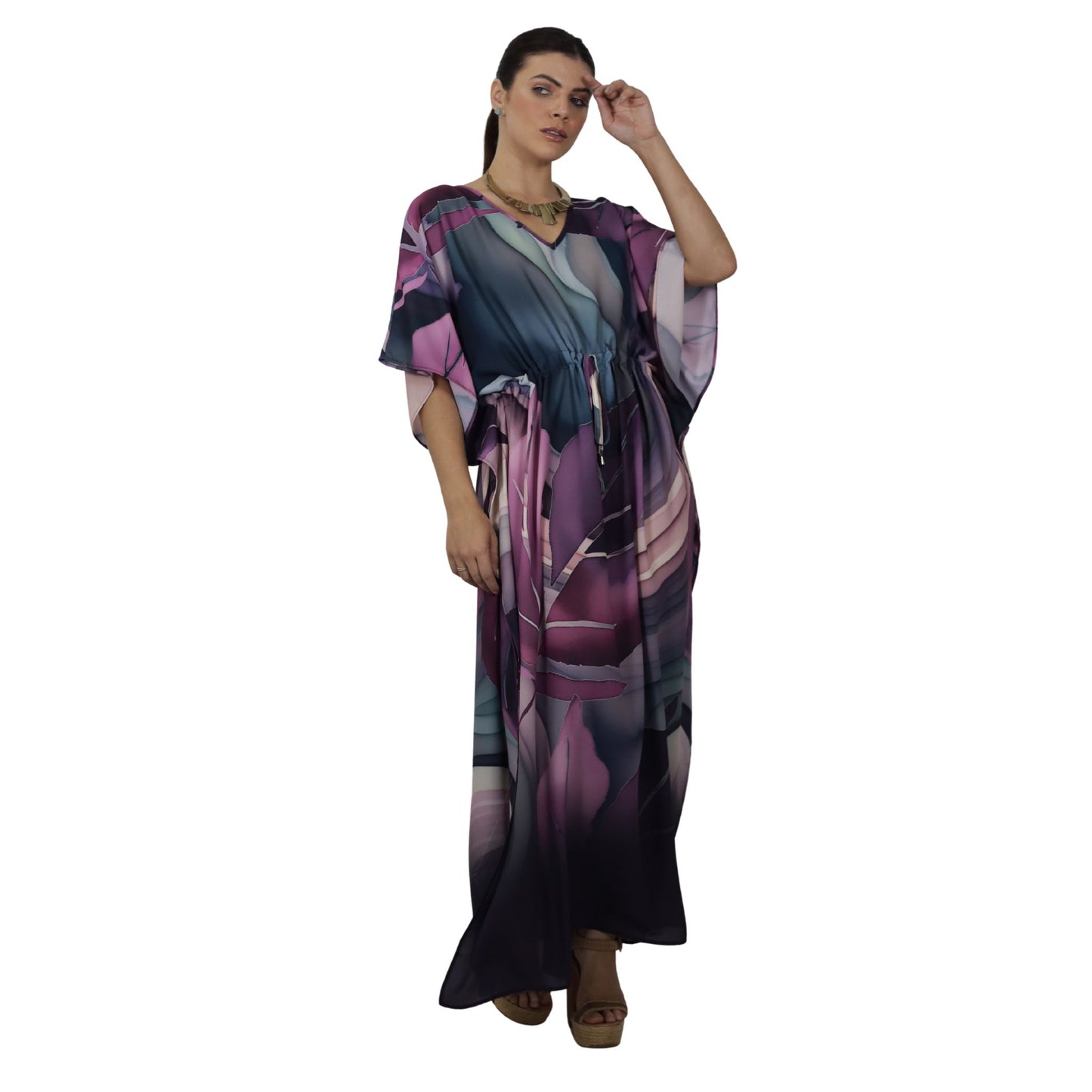 Kaftan Longa com ajunte na cintura, estampada Bixugrillo Folhas Vinho