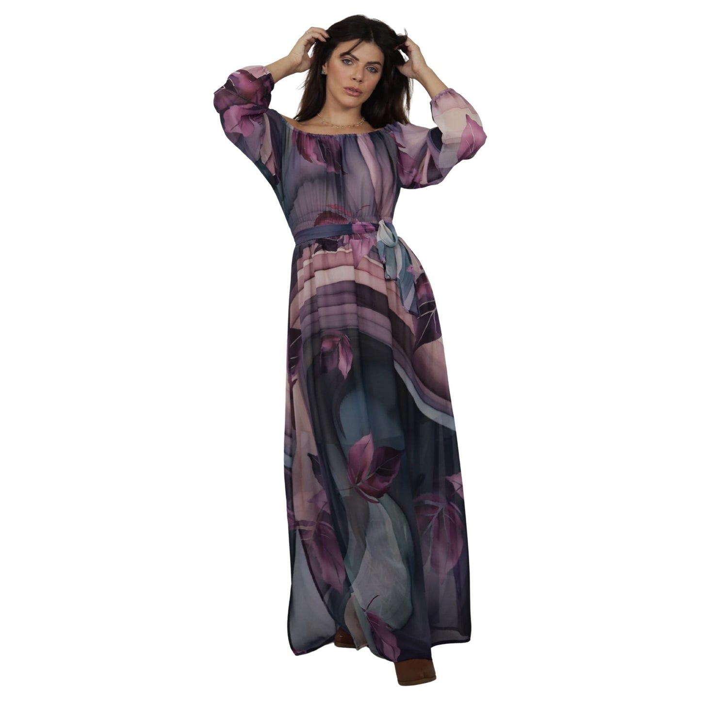 Vestido Longo Boho Chic BixugriLLO estampado Ondas roxeadas