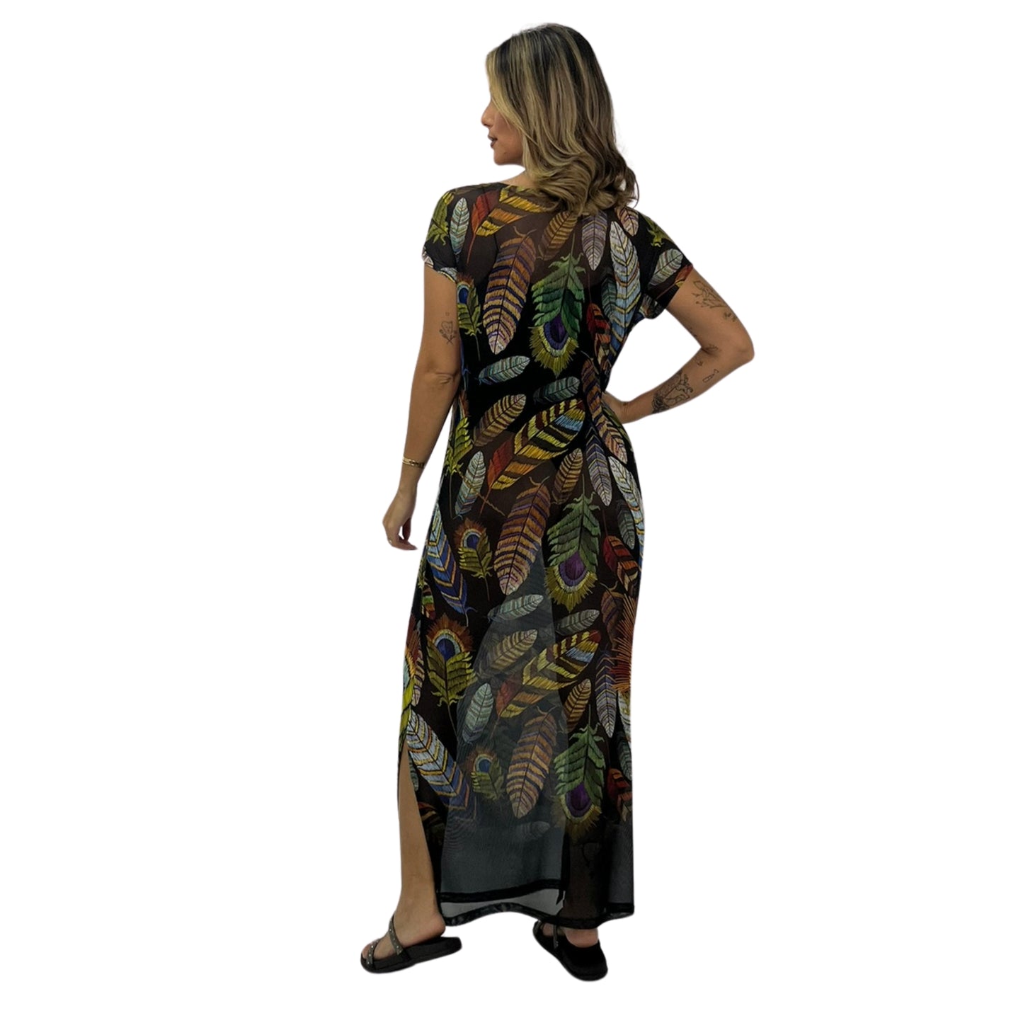 Vestido de tule Longo estampado Penas Black