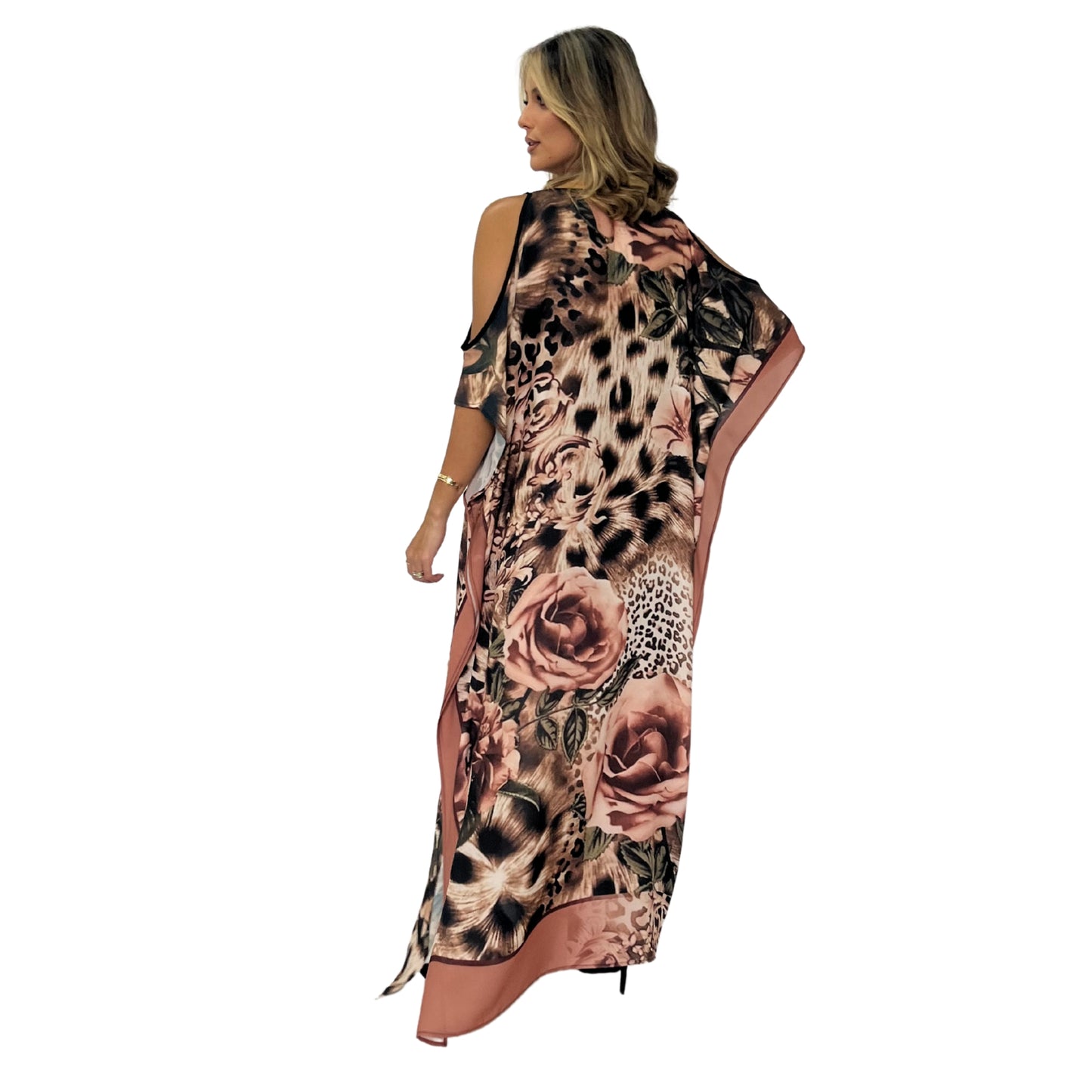 Kaftan vestido Longo ombro aberto Bixugrillo estampa Onça Rosê