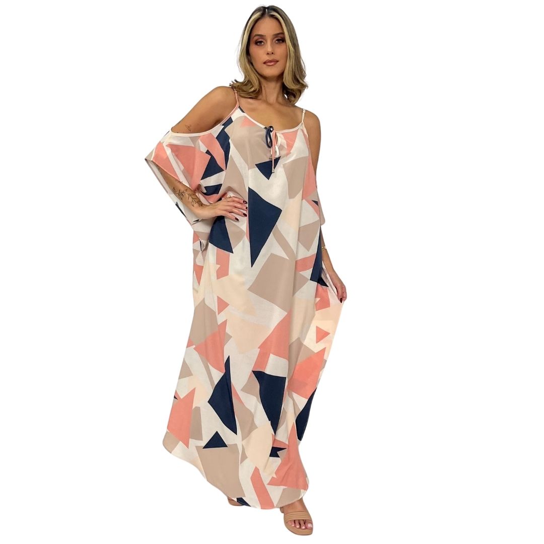 Kaftan vestido Longo ombro aberto Bixugrillo estampa Geométrico