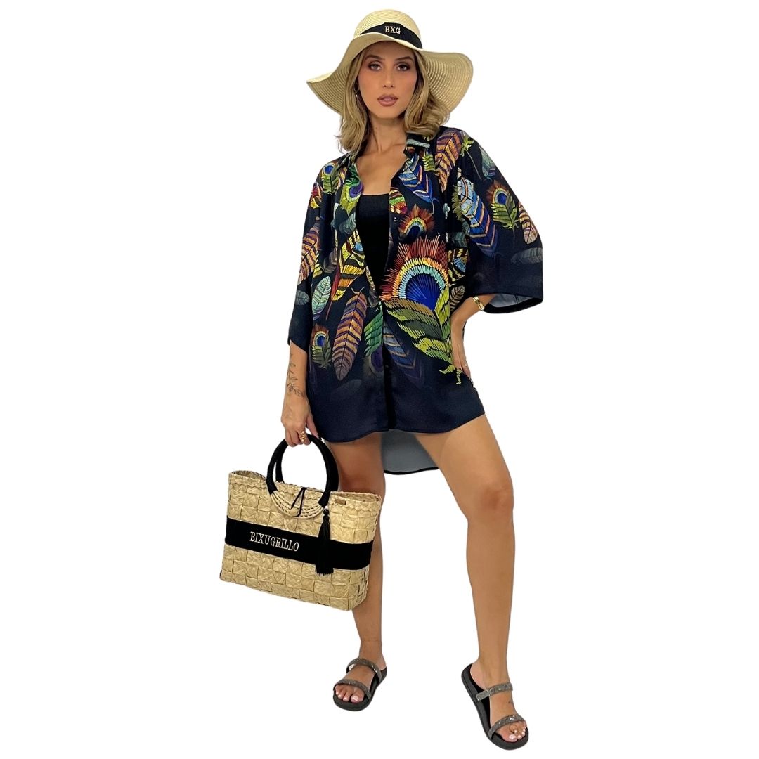 Camisão manga 3/4 BIXUGRILLO estampada Penas Black