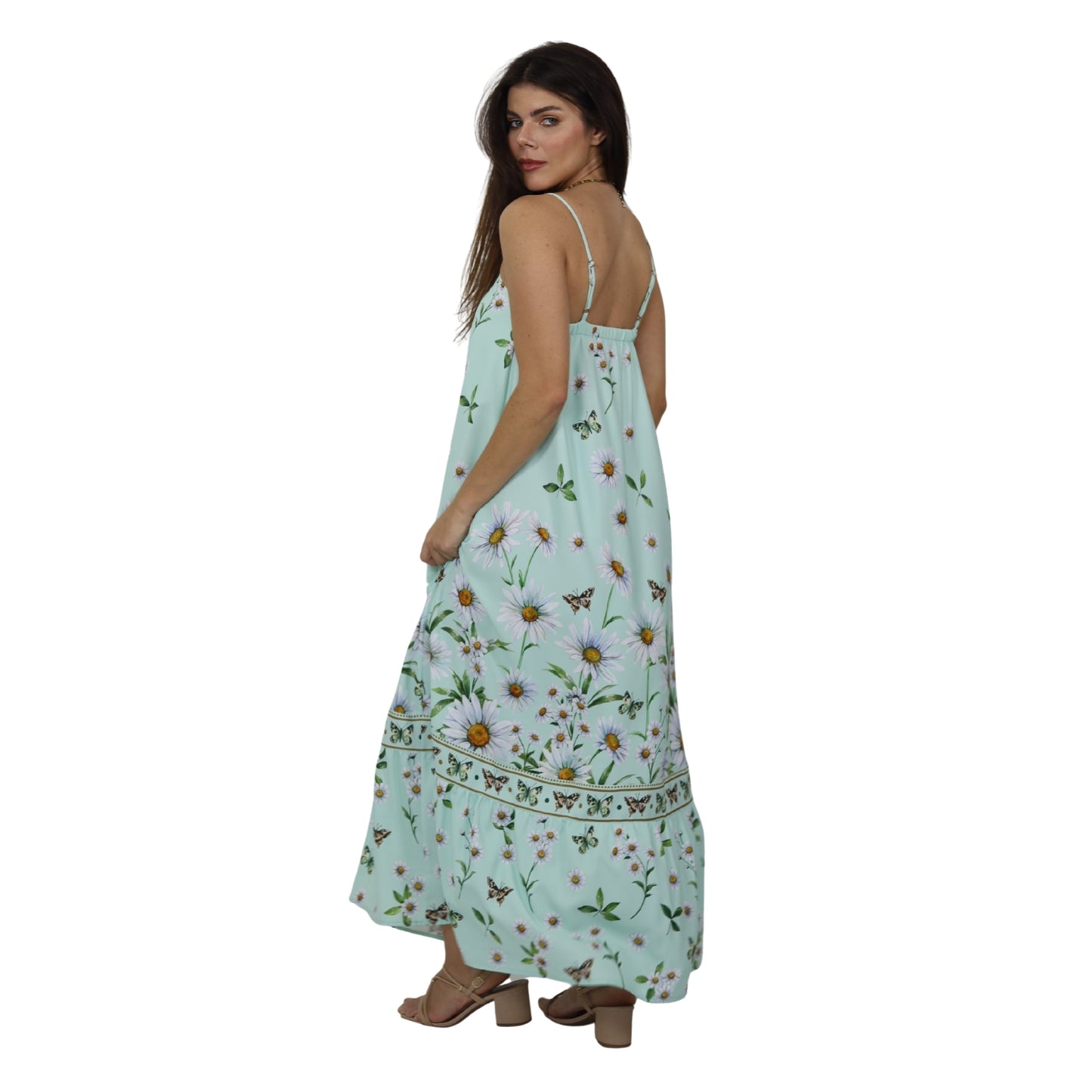 Vestido Evasê Midi de Alça Bixugrillo estampado Margaridas Verde