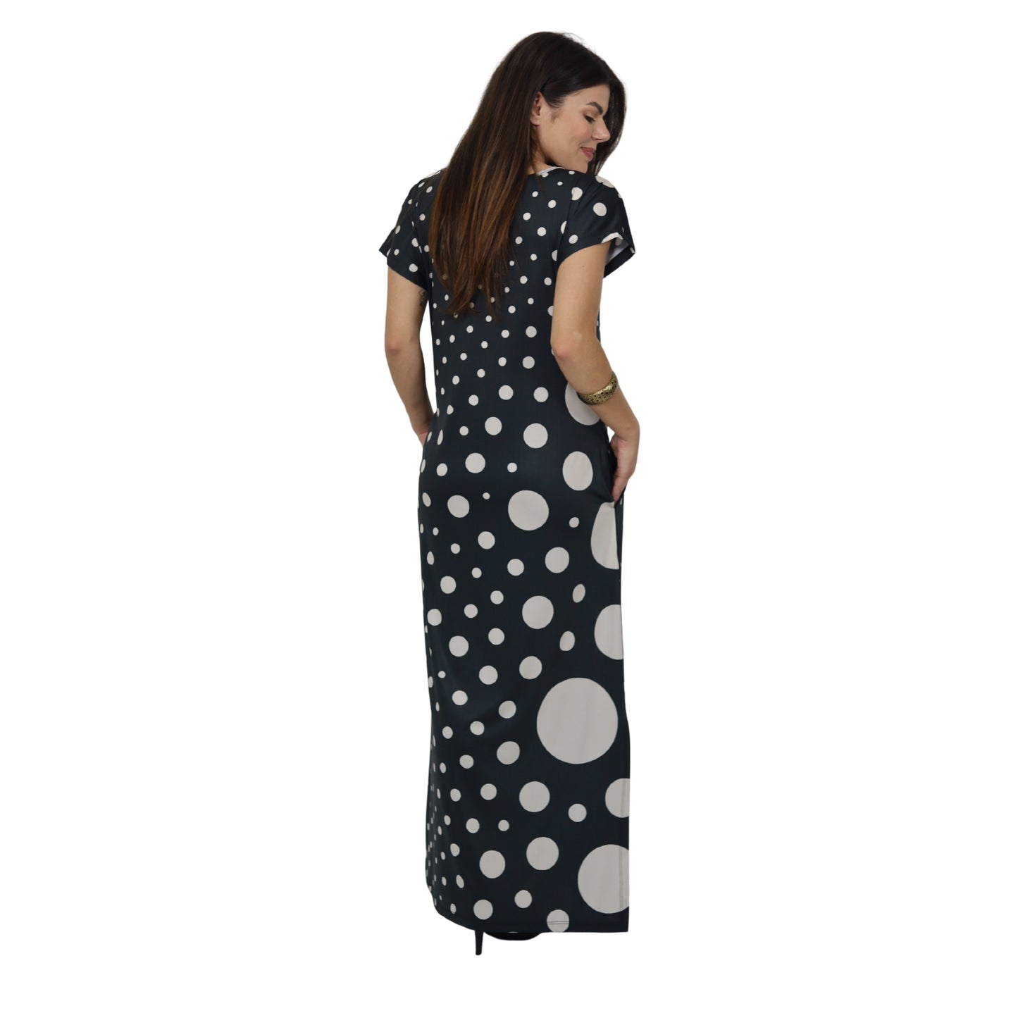 Vestidos longo malha fria Bixugrillo estampado Poá P&B