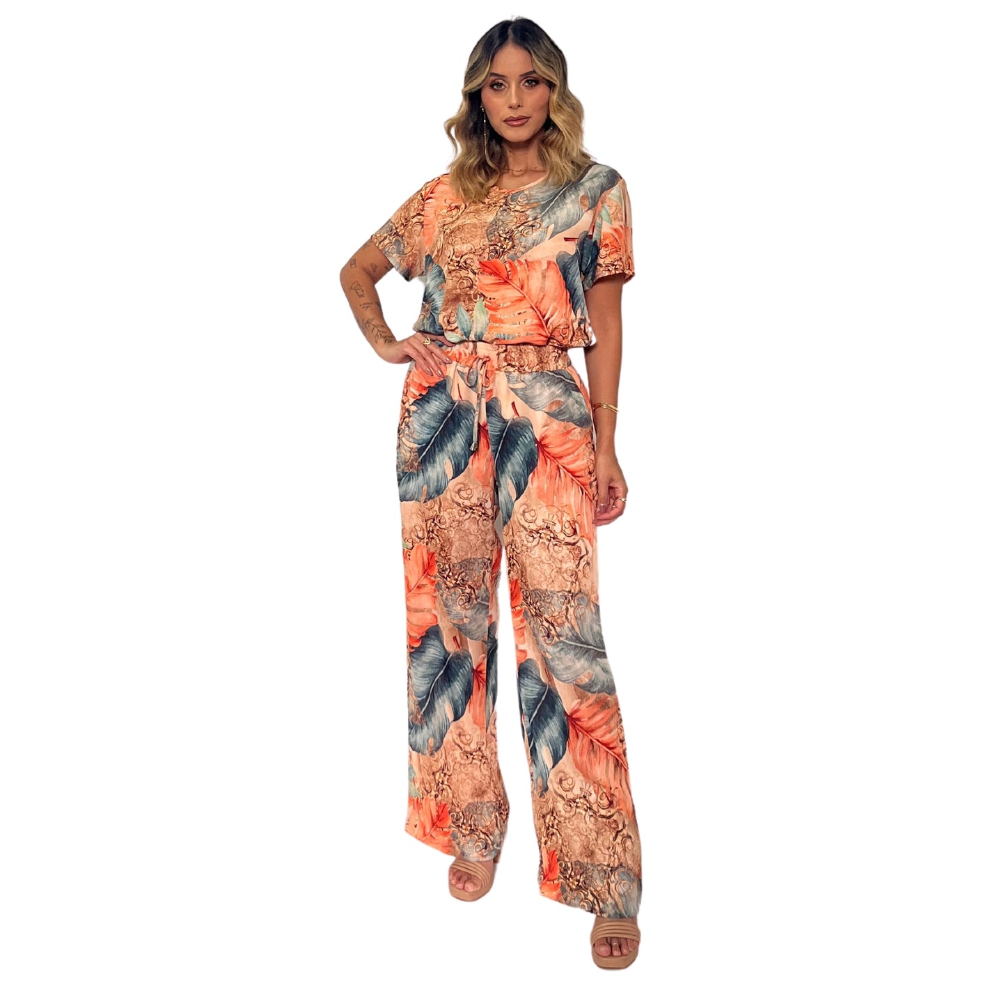 Conjunto Blusa decote "V" e calça pantalona Antunes