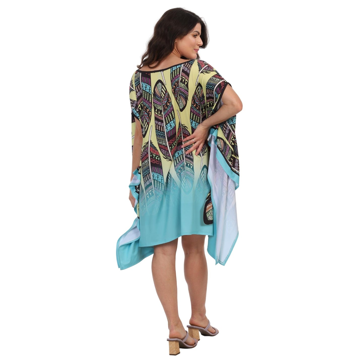 KAFTAN VESTIDO curta ombro aberto BIXUGRILLO estampada Penas Hippie