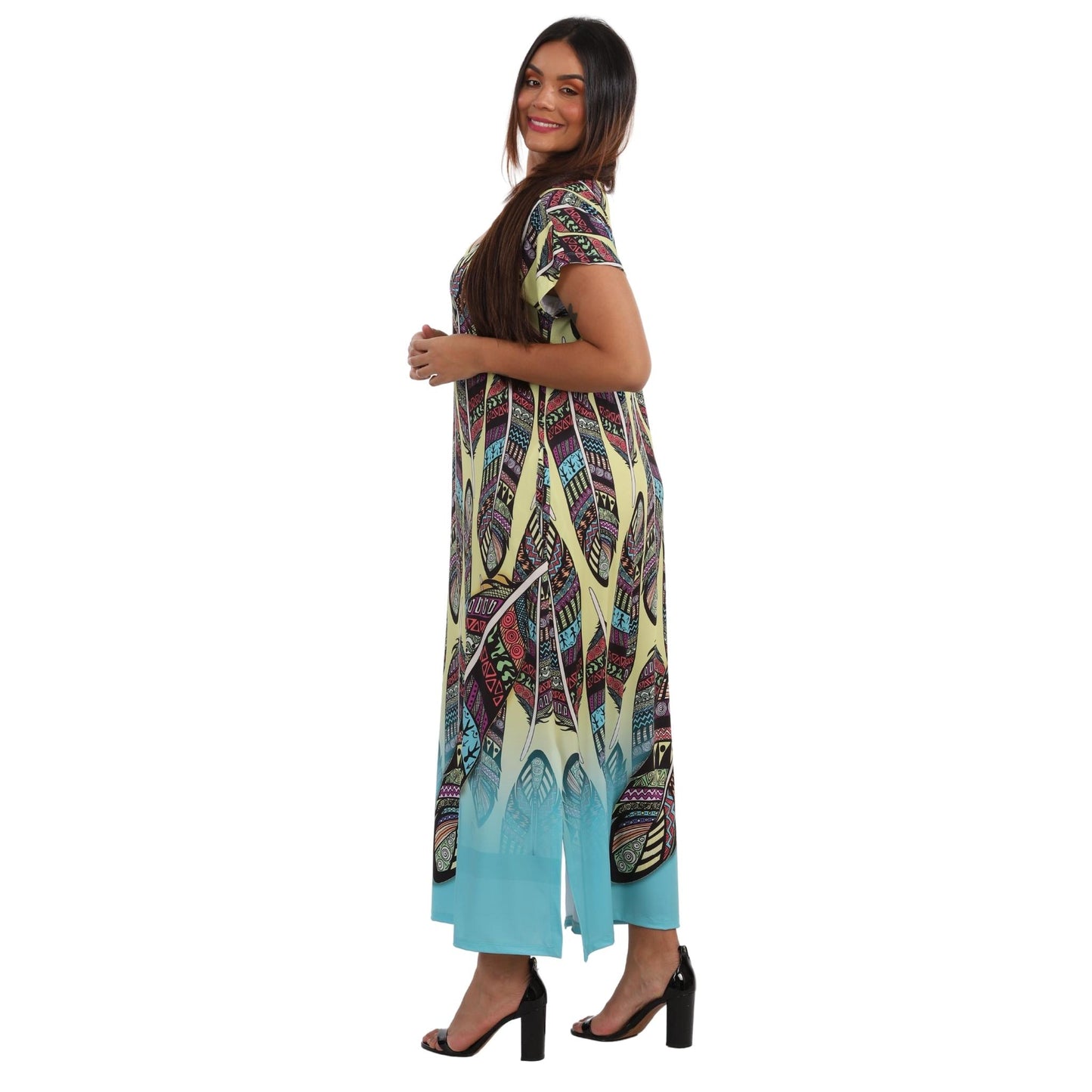 VESTIDO longo malha BIXUGRILLO estampa Penas Hippie