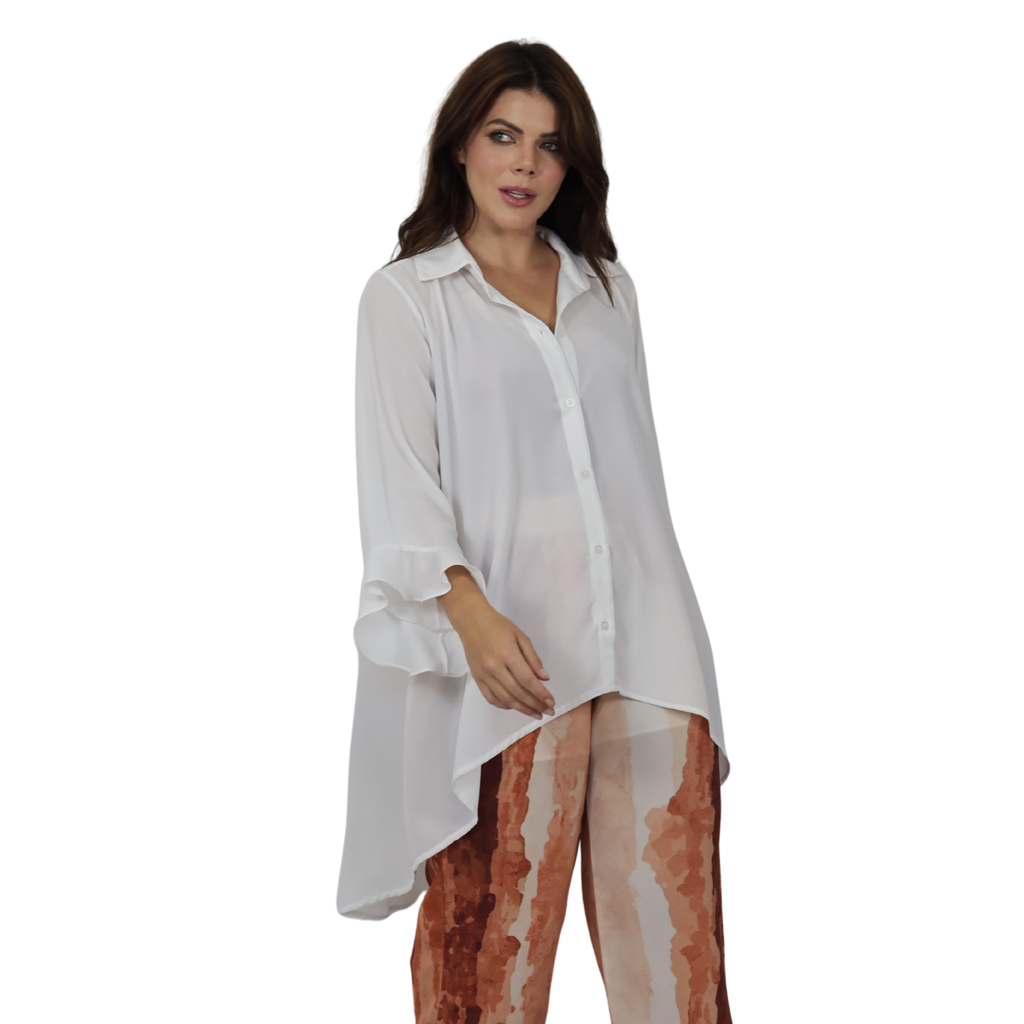 Conjunto Aura Terracota,2 pçs Feminino Blusa Mullet e Calça Estampada em Georgette Toque de Seda | BIX.G.