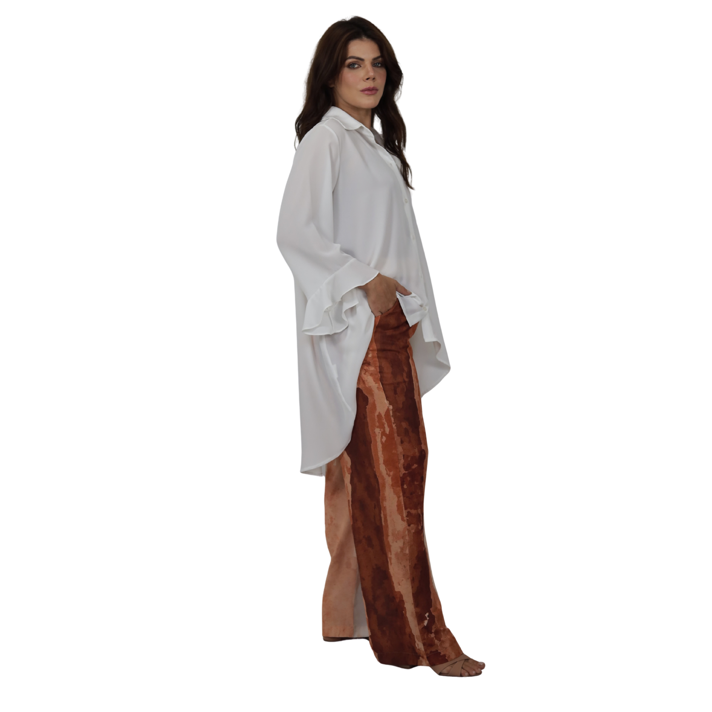 Conjunto Aura Terracota,2 pçs Feminino Blusa Mullet e Calça Estampada em Georgette Toque de Seda | BIX.G.