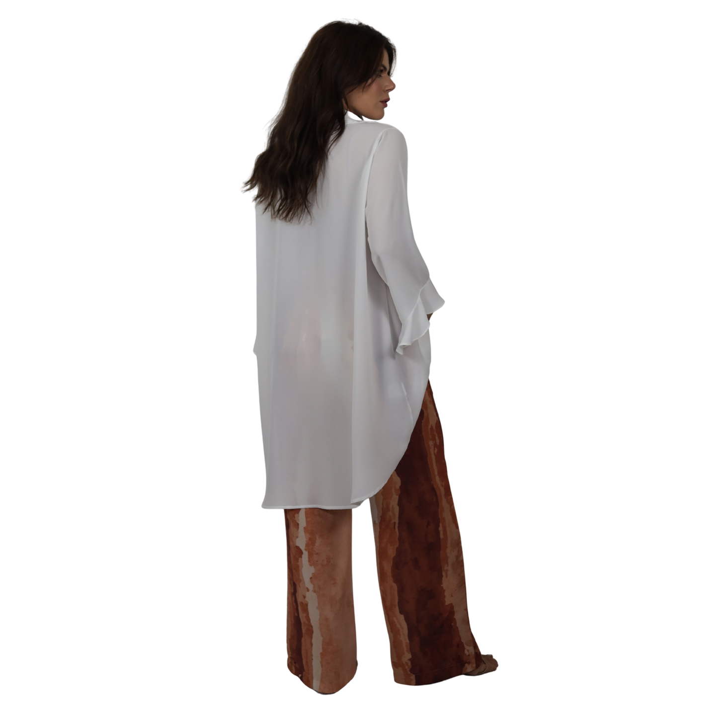 Conjunto Aura Terracota,2 pçs Feminino Blusa Mullet e Calça Estampada em Georgette Toque de Seda | BIX.G.