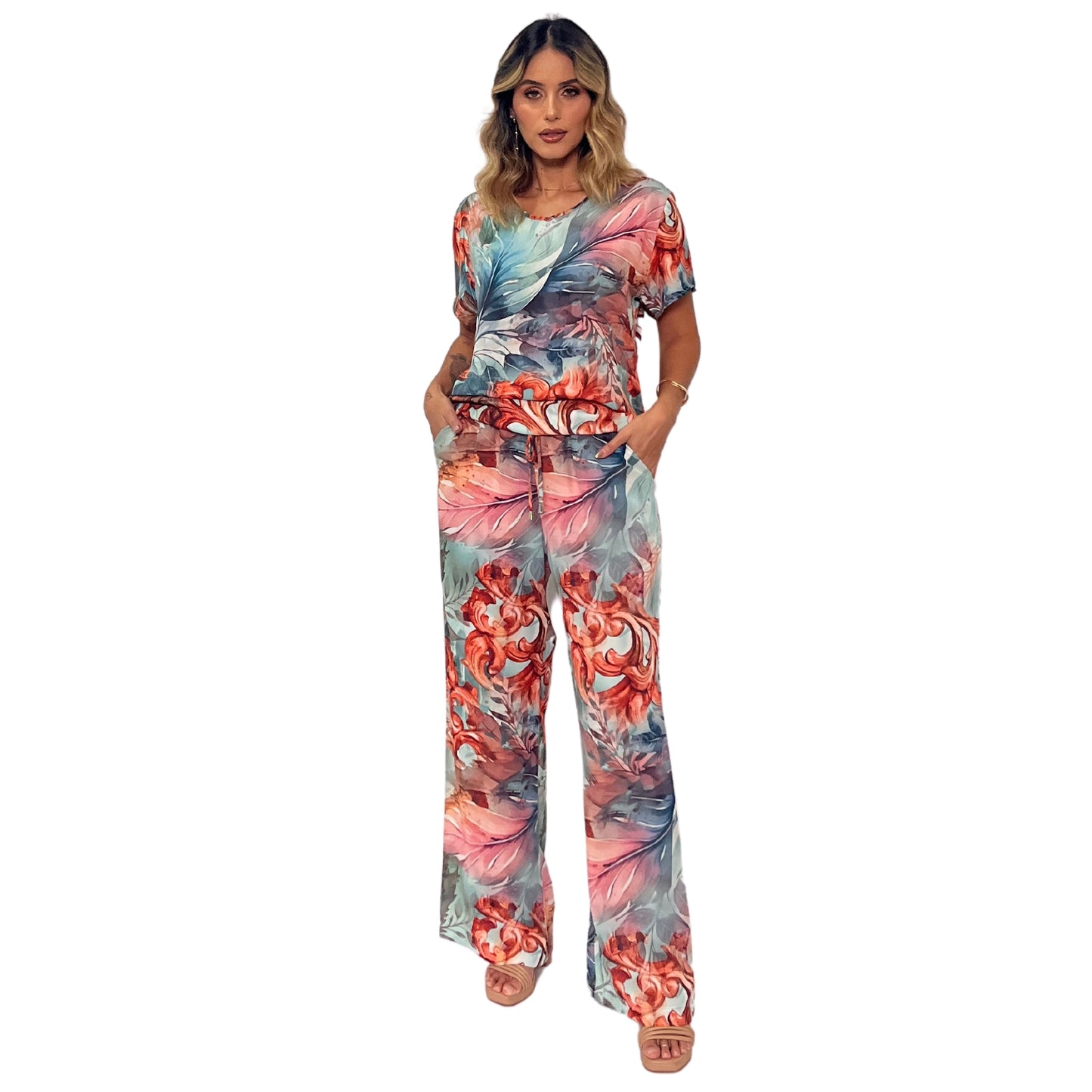 Conjunto Blusa decote "V" e calça pantalona Castelhanos