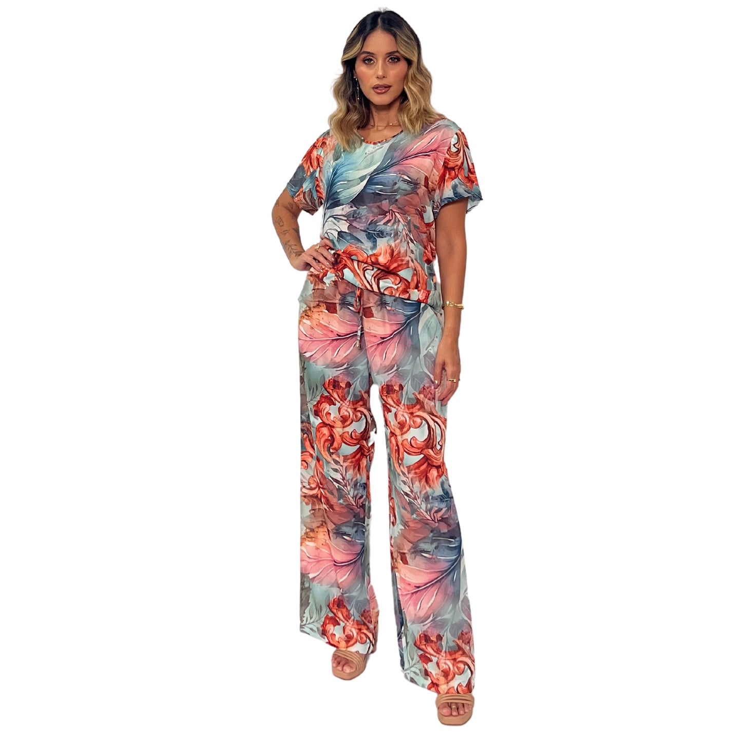 Conjunto Blusa decote "V" e calça pantalona Castelhanos