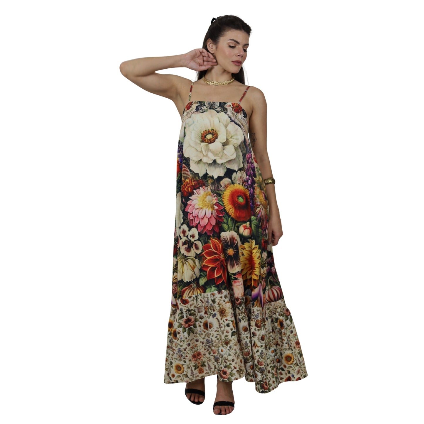 Vestido Evasê Midi  Bixugrillo estampado Garden