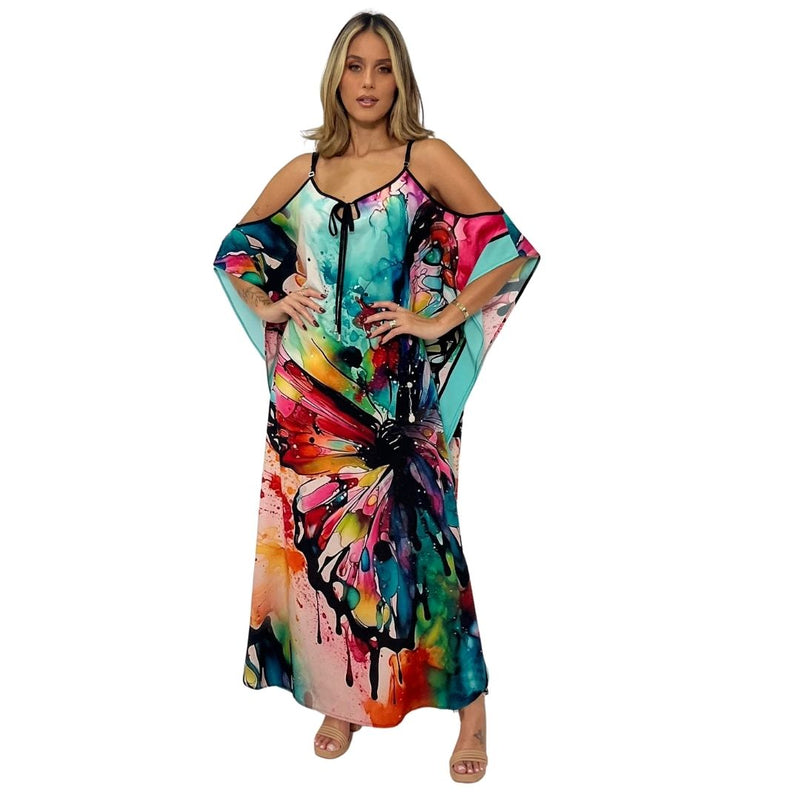 Kaftan vestido Longo ombro aberto Bixugrillo  estampa Borboleta Aquarela