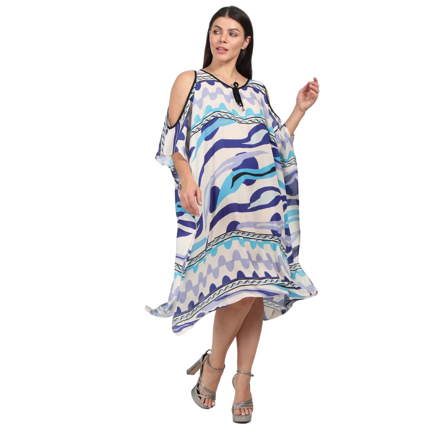 Kaftan vestido curta ombro aberto estampada aquário