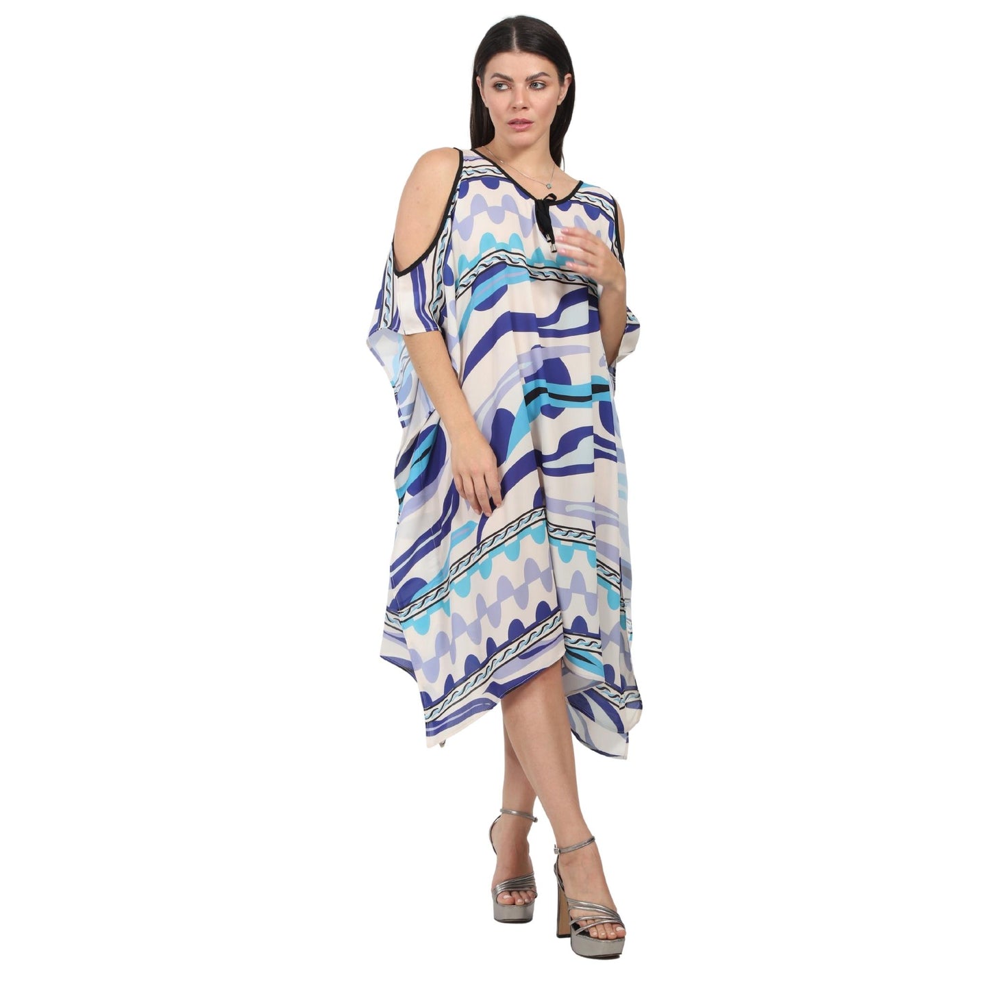Kaftan vestido curta ombro aberto estampada aquário