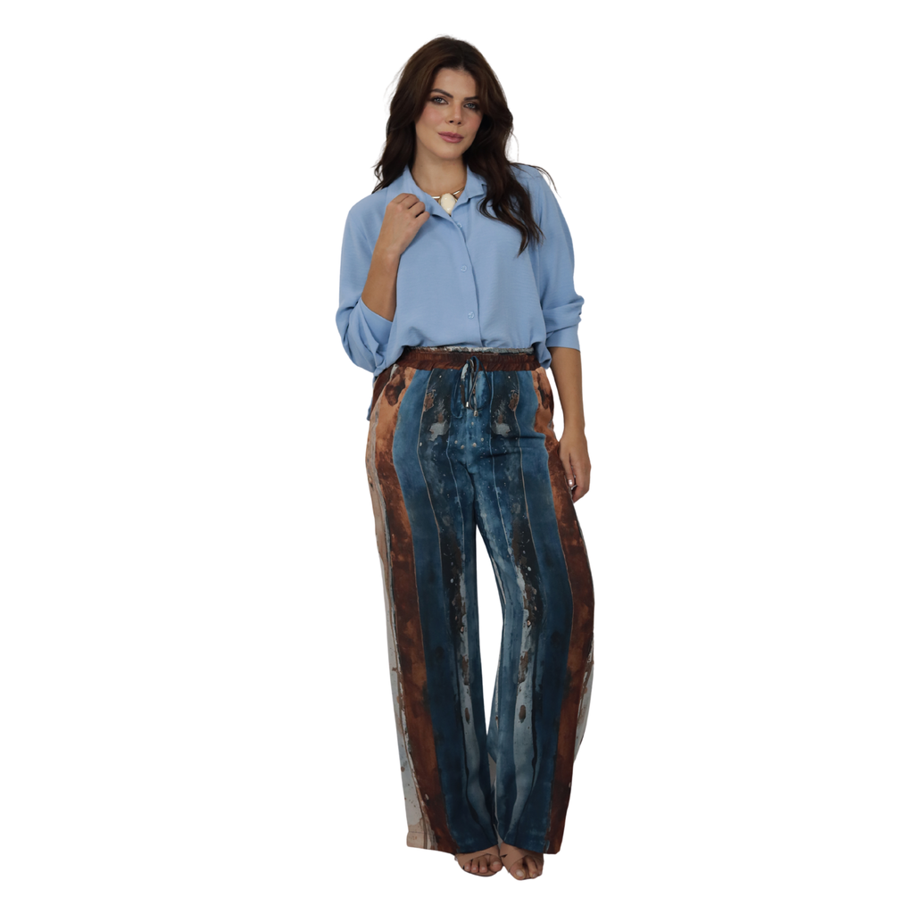 Conjunto 2pçs Camisão Azul Claro e Pantalona BIXUGRILLO estampado listras aquareladas