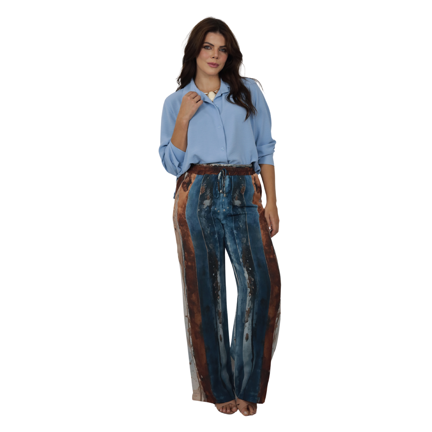 Conjunto 2pçs Camisão Azul Claro e Pantalona BIXUGRILLO estampado listras aquareladas