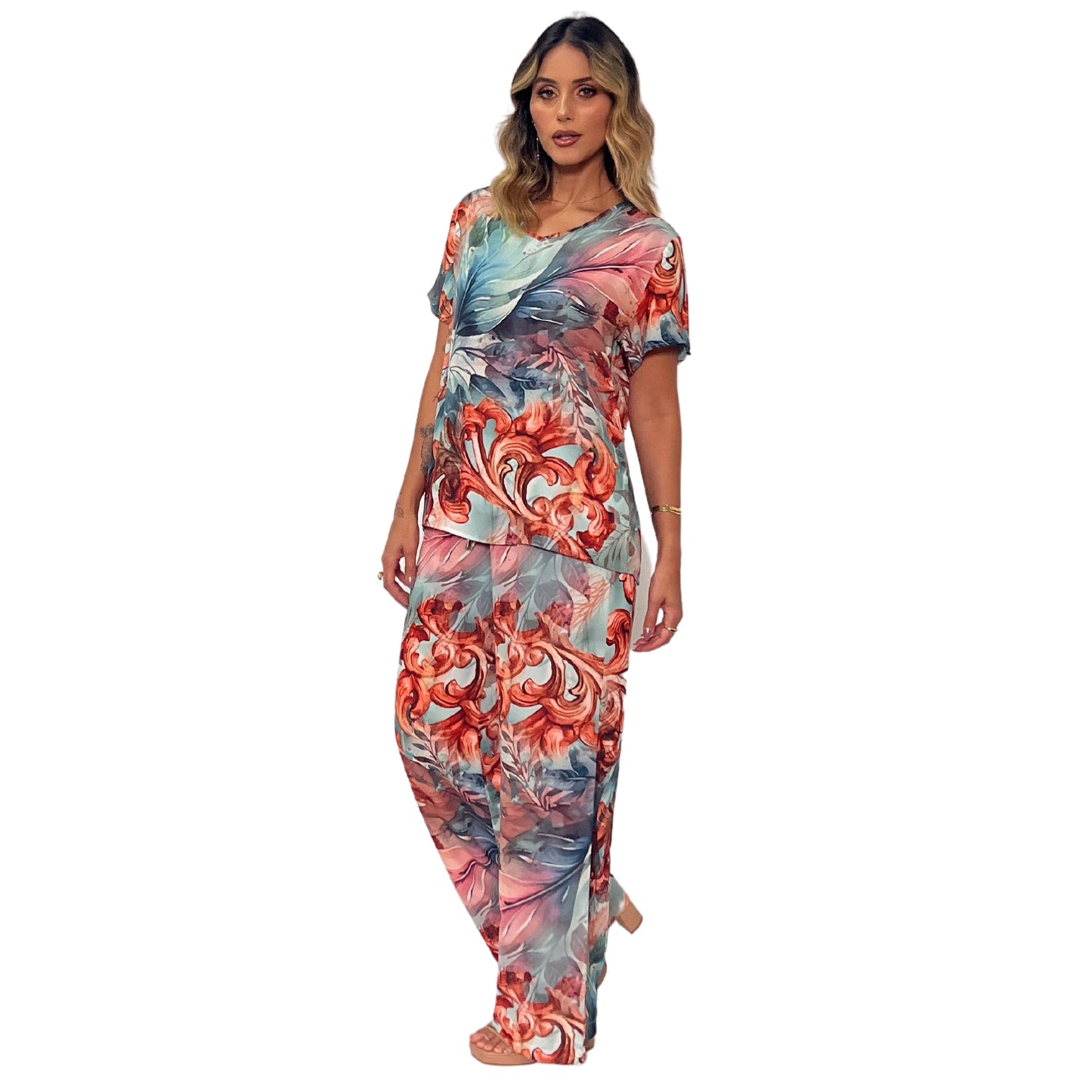 Conjunto Blusa decote "V" e calça pantalona Castelhanos