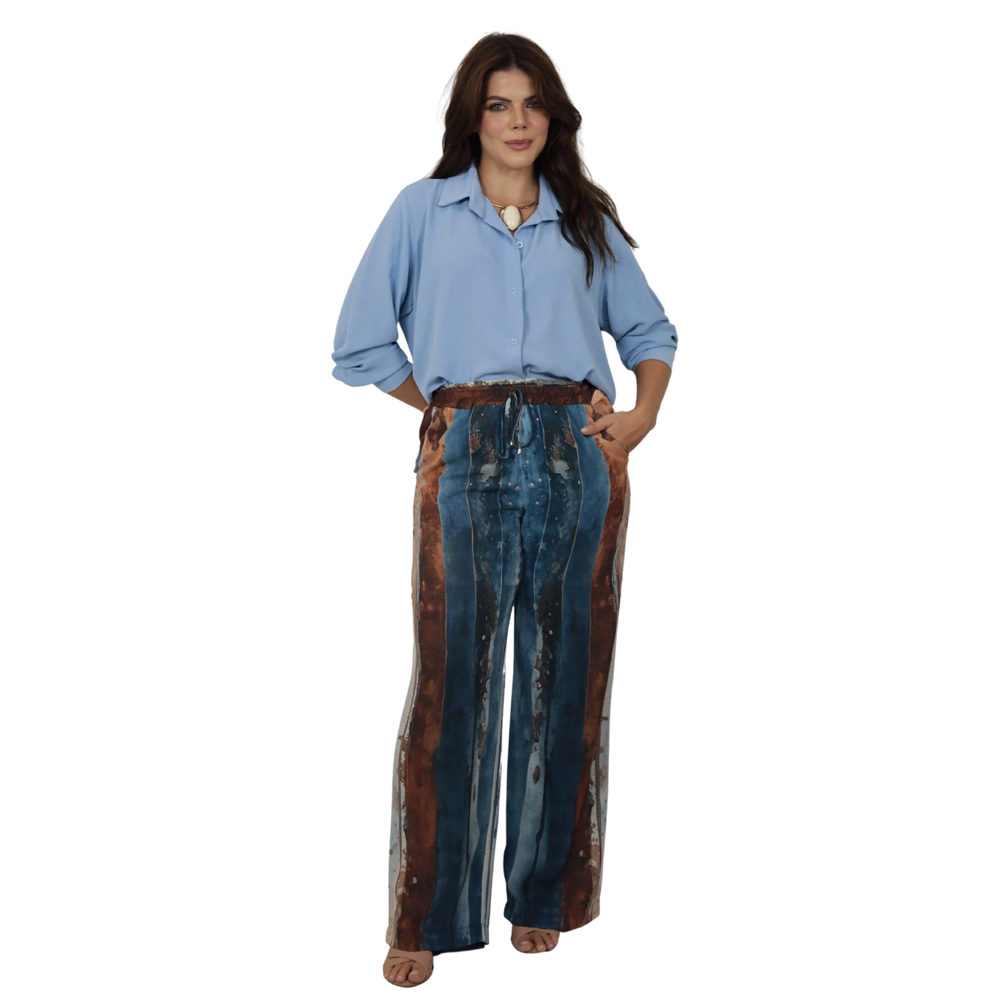 Conjunto 2pçs Camisão Azul Claro e Pantalona BIXUGRILLO estampado listras aquareladas