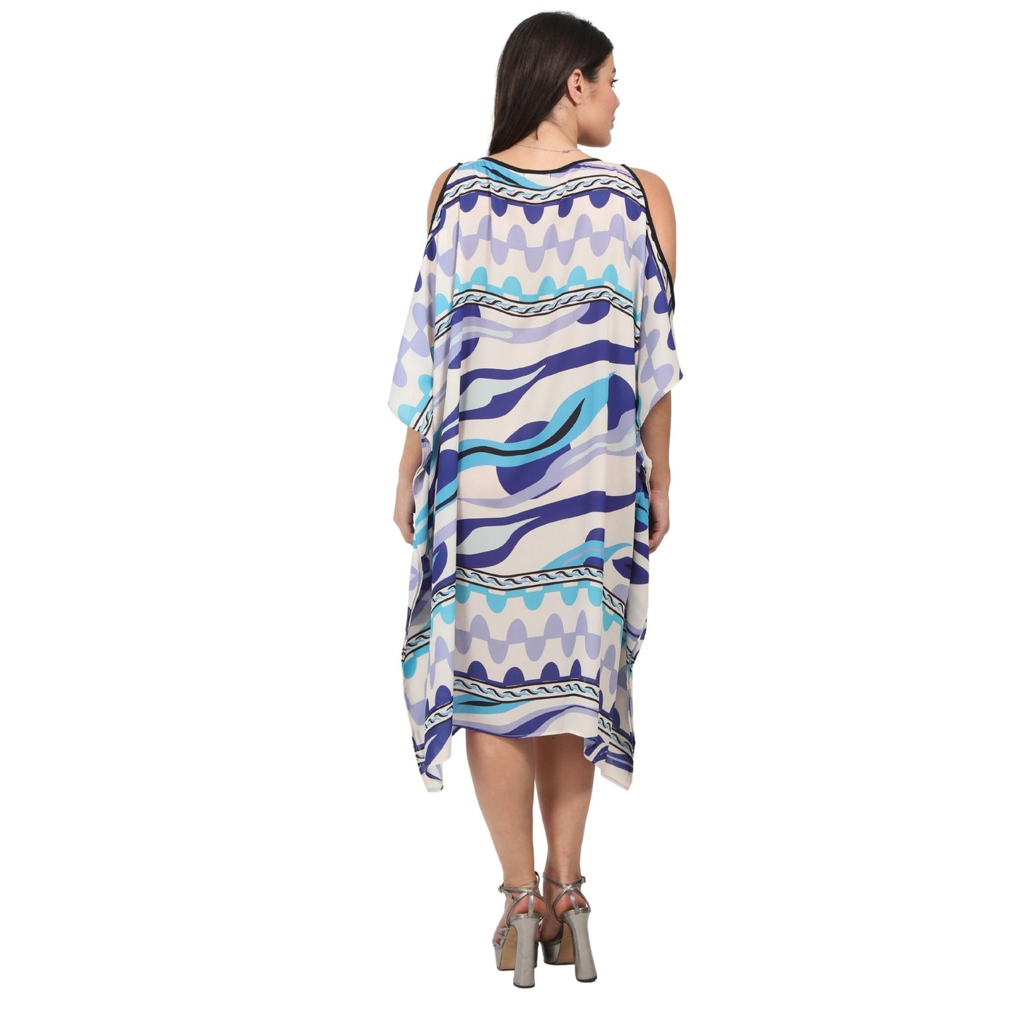 Kaftan vestido curta ombro aberto estampada aquário