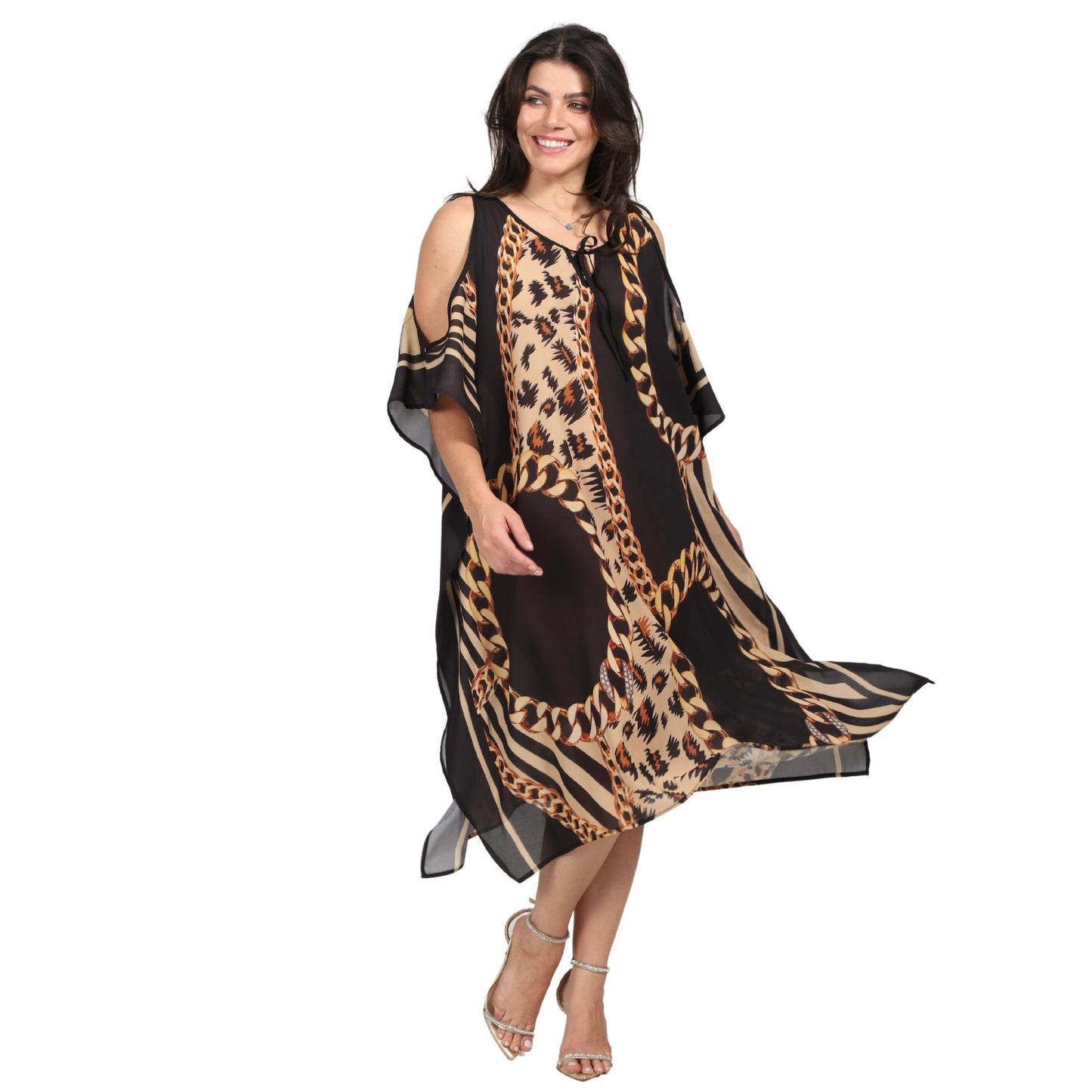 Kaftan vestido curta ombro aberto estampada clássico