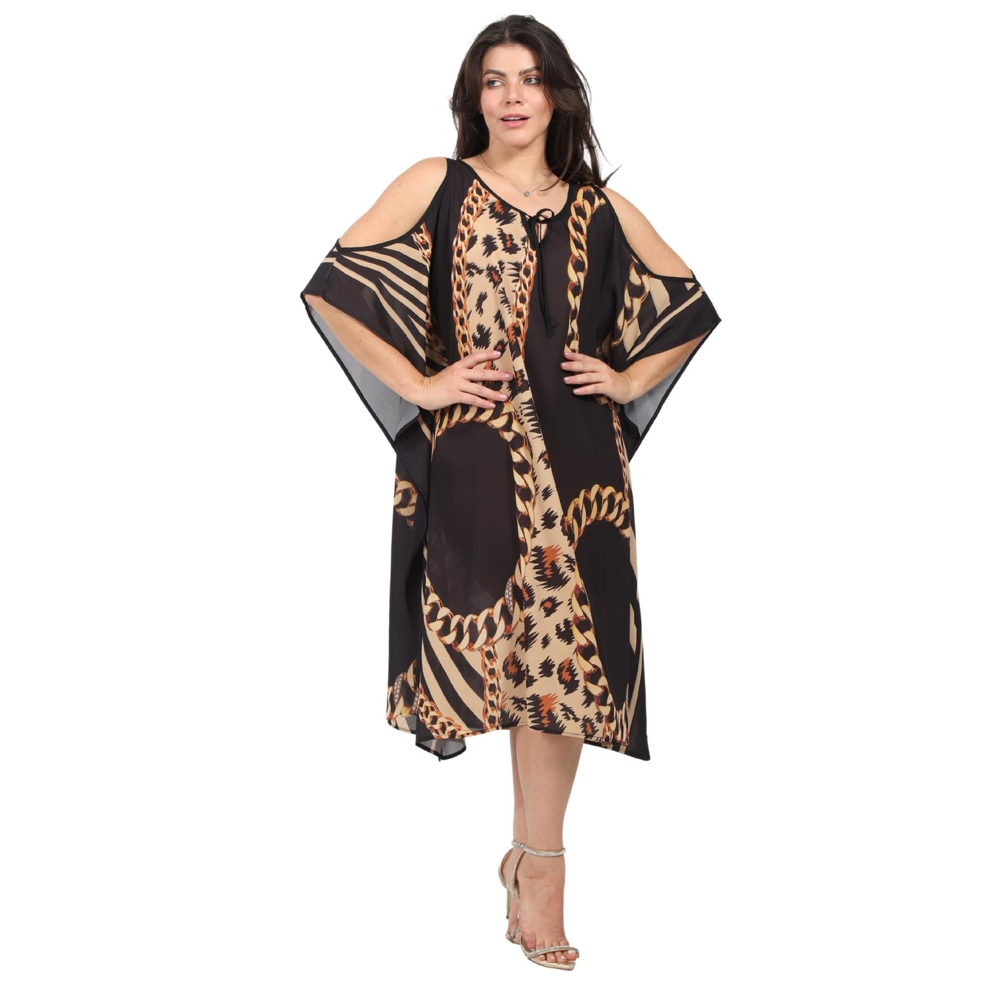 Kaftan vestido curta ombro aberto estampada clássico