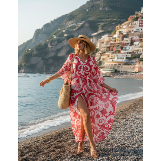 Vestido  kaftan Chifon toque de Seda de  Bixugrillo estampado Moldura Rosa