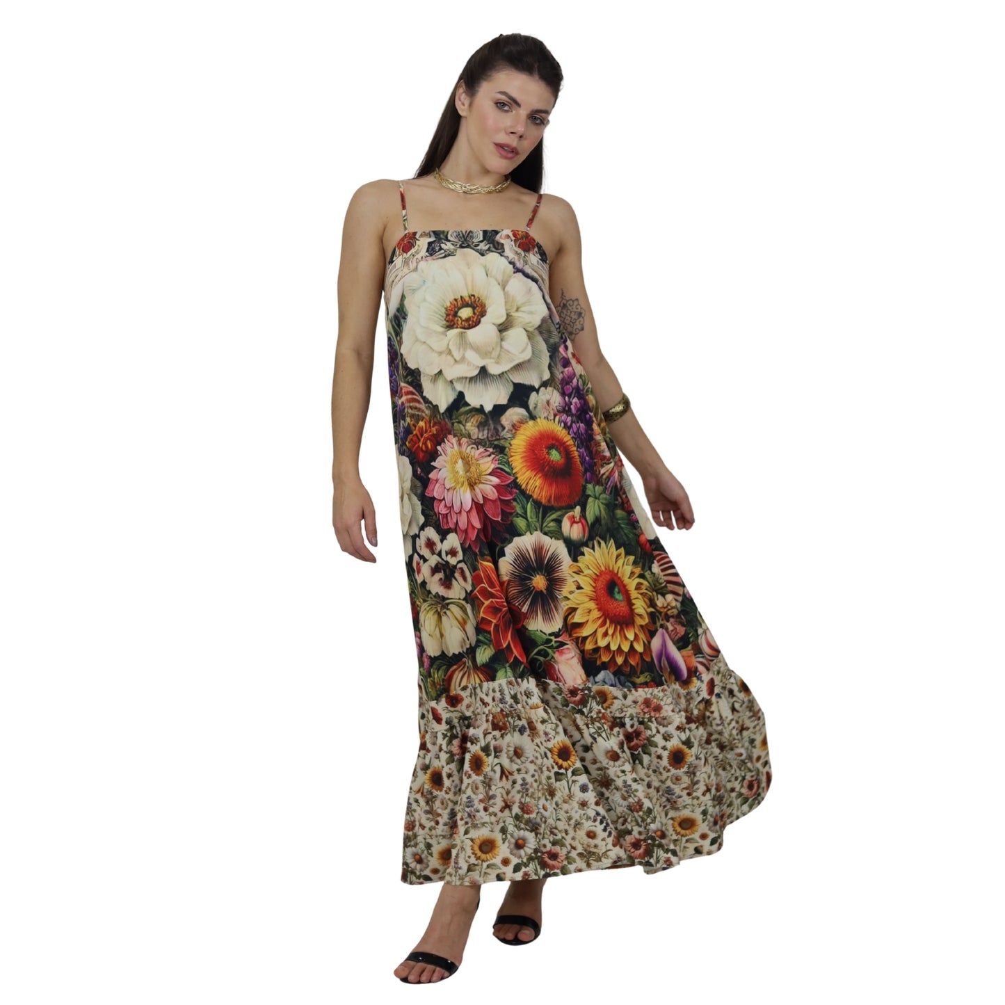 Vestido Evasê Midi  Bixugrillo estampado Garden