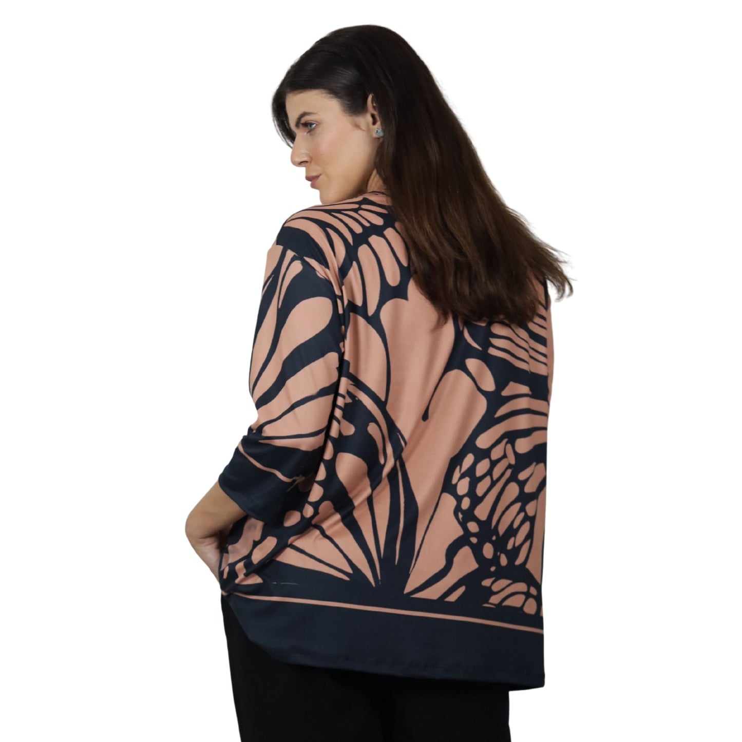 Blusa Decote "V" manga 3/4 BIXUGRILLO estampada Borboleta Preta