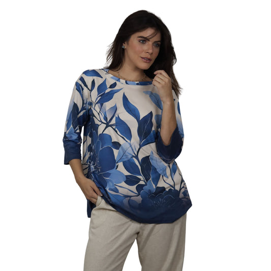 Blusa Decote "V" manga 3/4 BIXUGRILLO estampada Folhas Azuis