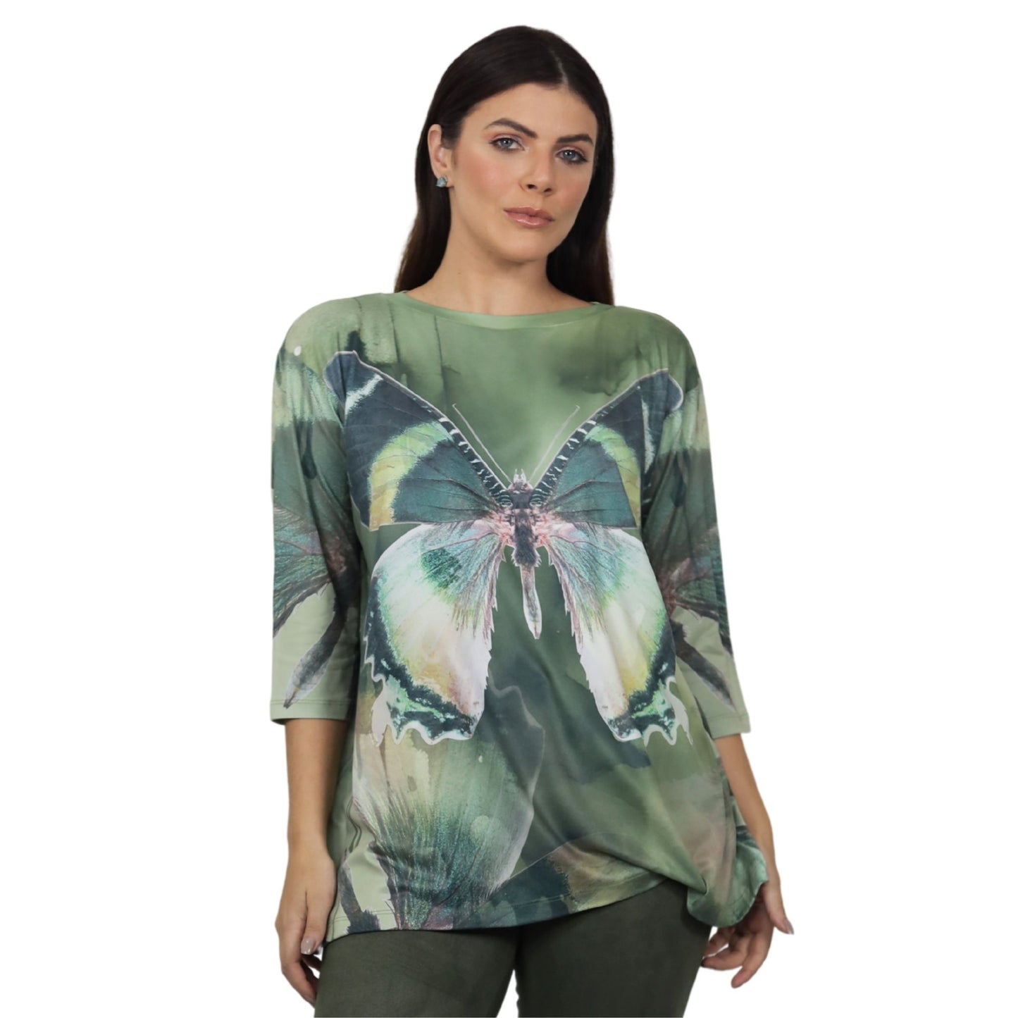 Blusa Decote "V" manga 3/4 BIXUGRILLO estampada Borboleta Green