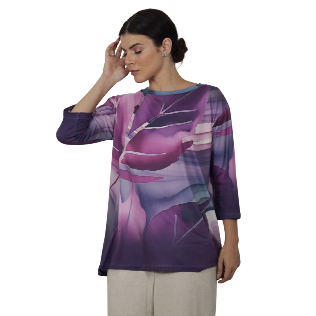 Blusa Decote "V" manga 3/4 BIXUGRILLO estampada Folhas Vinho