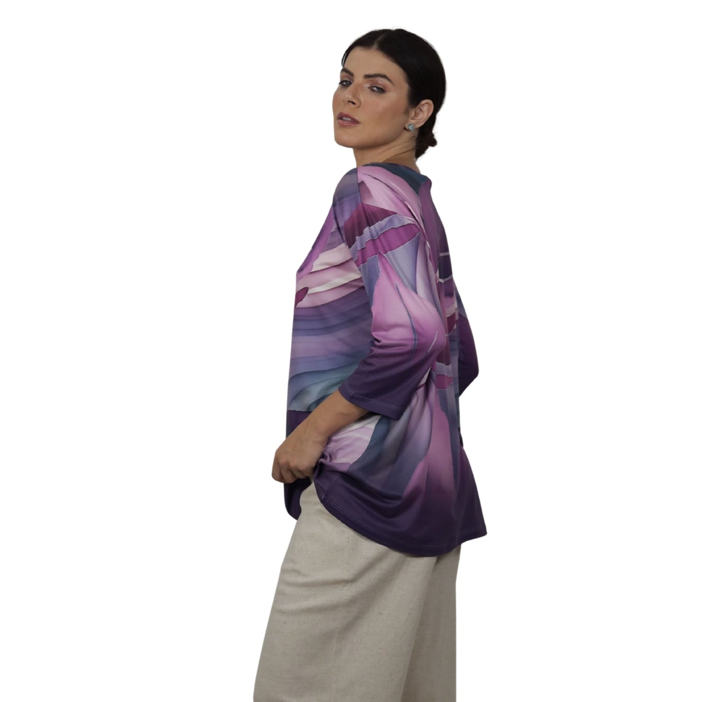 Blusa Decote "V" manga 3/4 BIXUGRILLO estampada Folhas Vinho