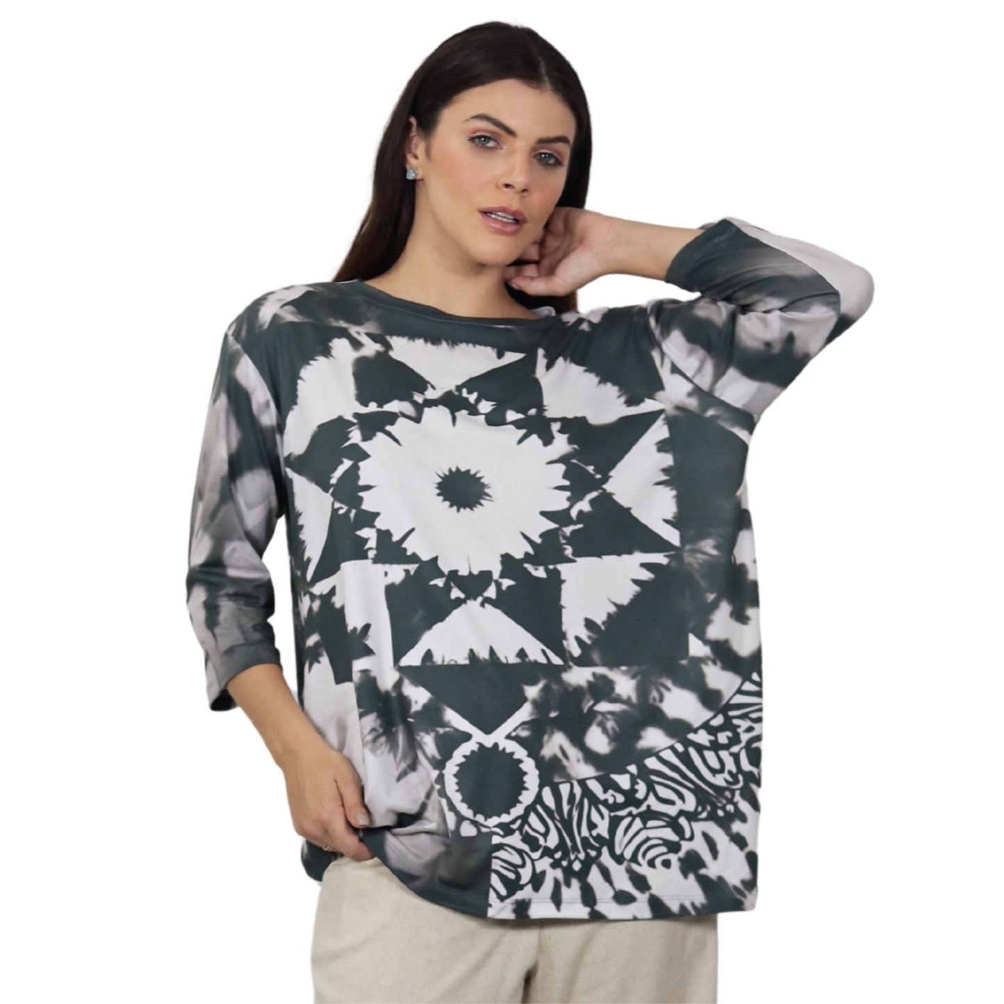 Blusa Decote "V" manga 3/4 BIXUGRILLO estampada