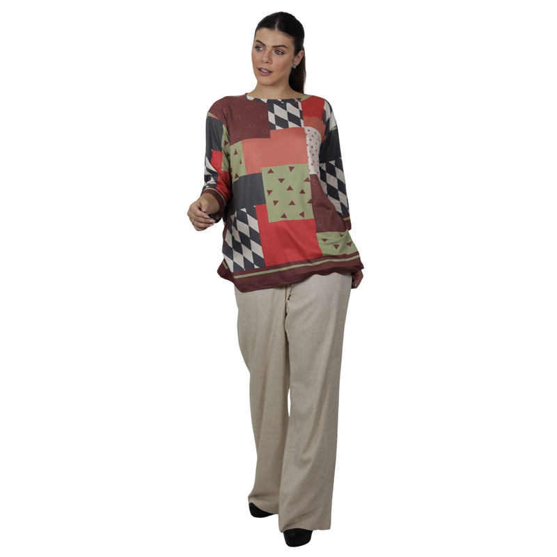 Blusa Decote "V" manga 3/4 BIXUGRILLO estampada Patchwork Quadrados