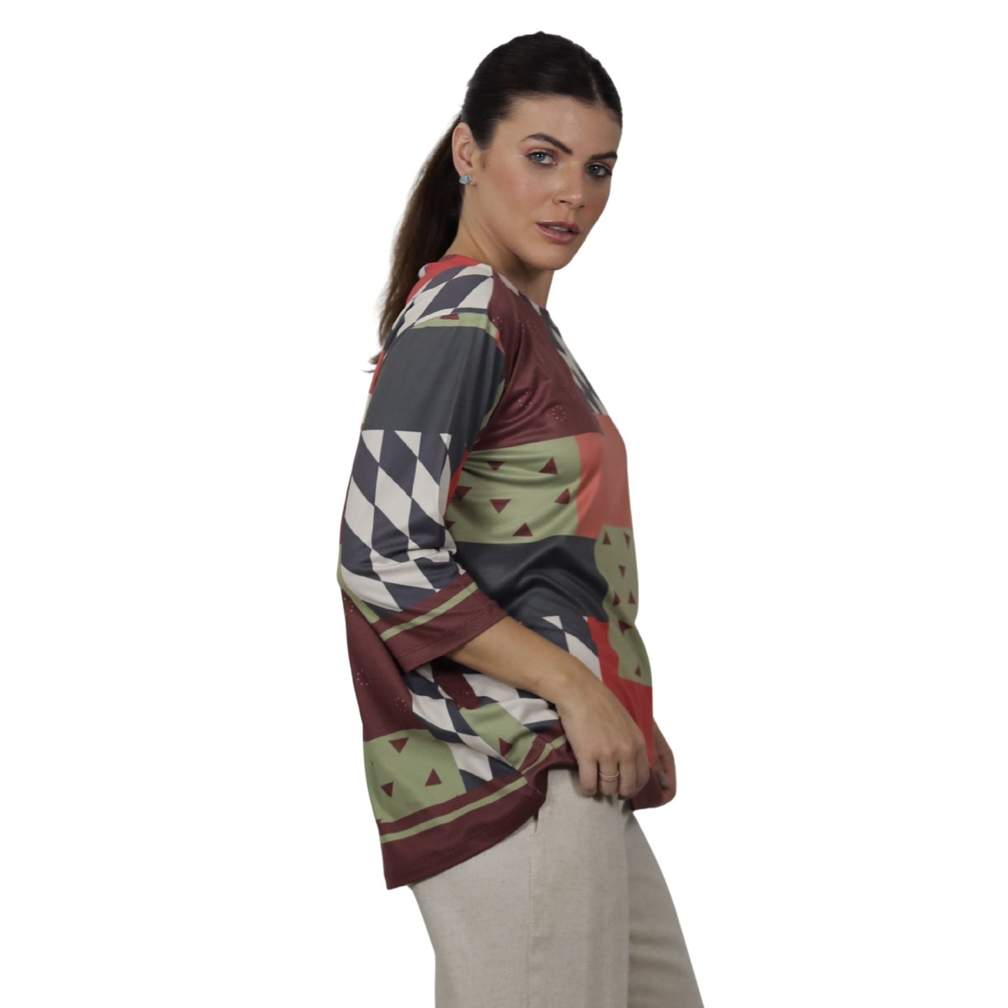 Blusa Decote "V" manga 3/4 BIXUGRILLO estampada Patchwork Quadrados