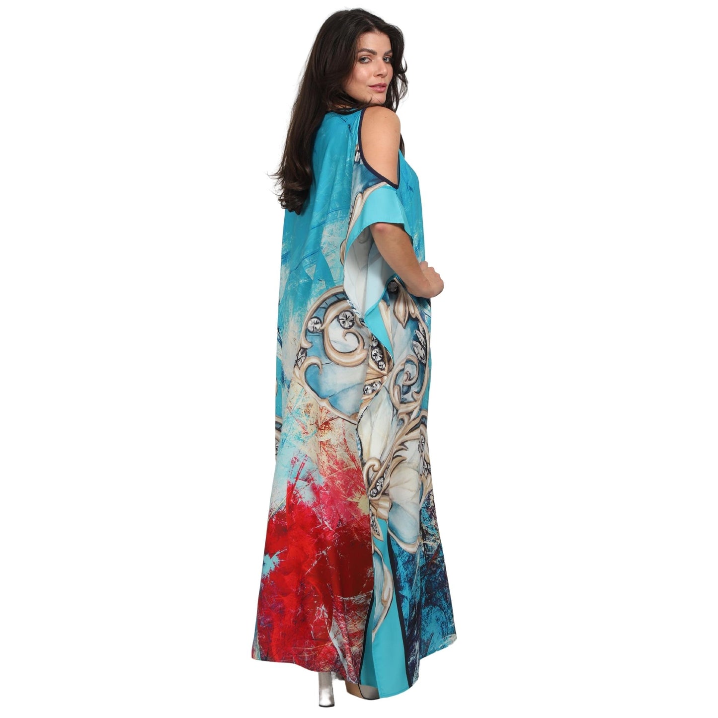 Kaftan vestido Longo ombro aberto Bixugrillo estampado borbo cristal