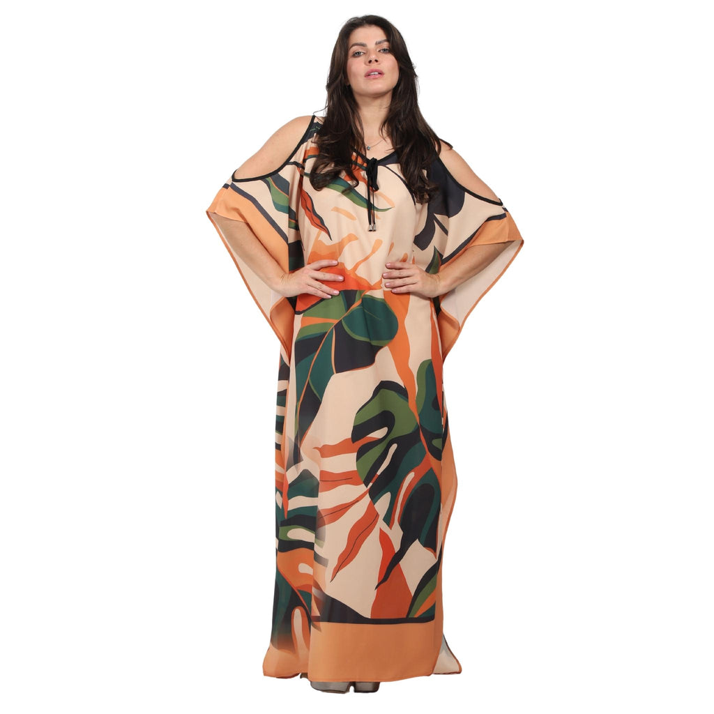 Kaftan vestido Longo ombro aberto Bixugrillo estampado Antúrio