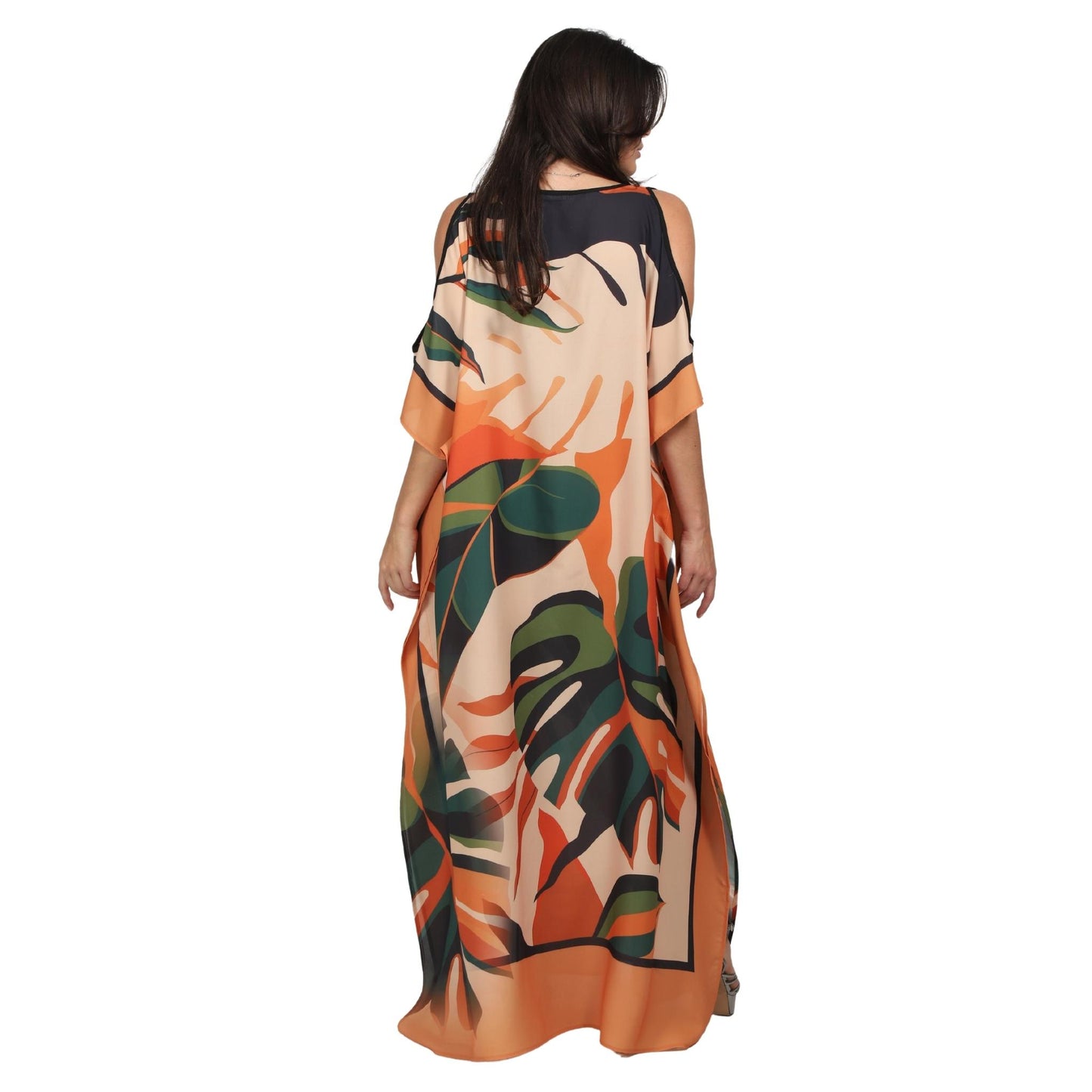 Kaftan vestido Longo ombro aberto Bixugrillo estampado Antúrio