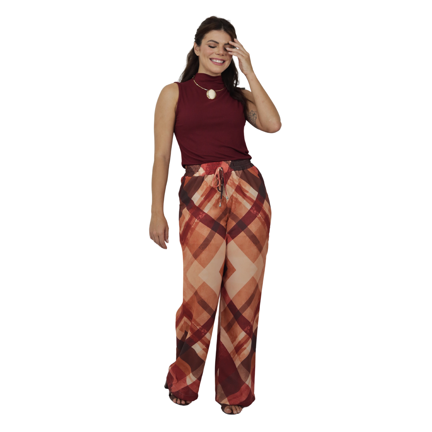 Calça pantalona BIXUGRILLO estampada Xadrez vermelho