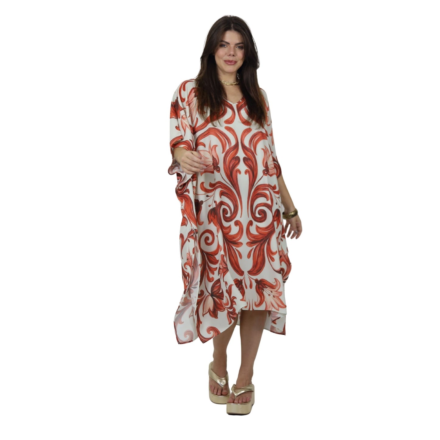 Kaftan Curta estampada Bixugrillo Moldura Laranja