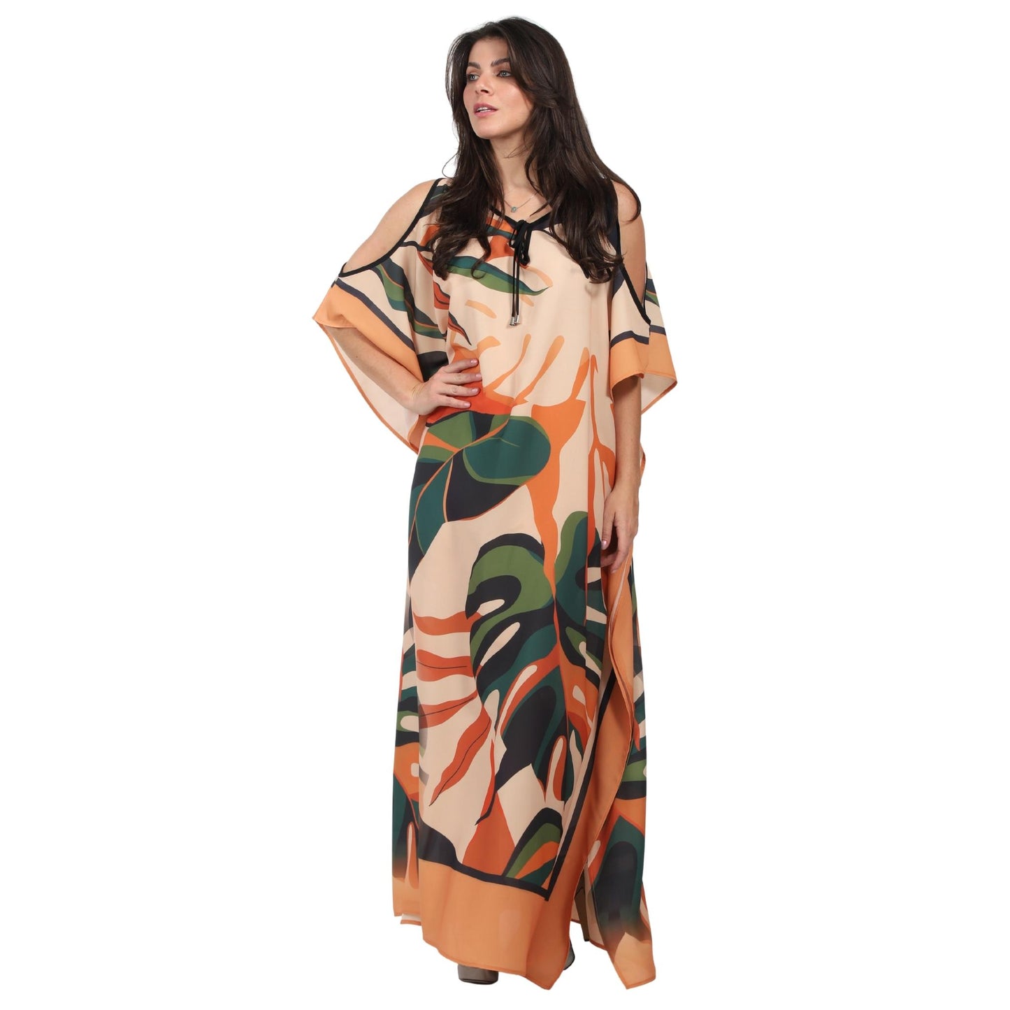 Kaftan vestido Longo ombro aberto Bixugrillo estampado Antúrio