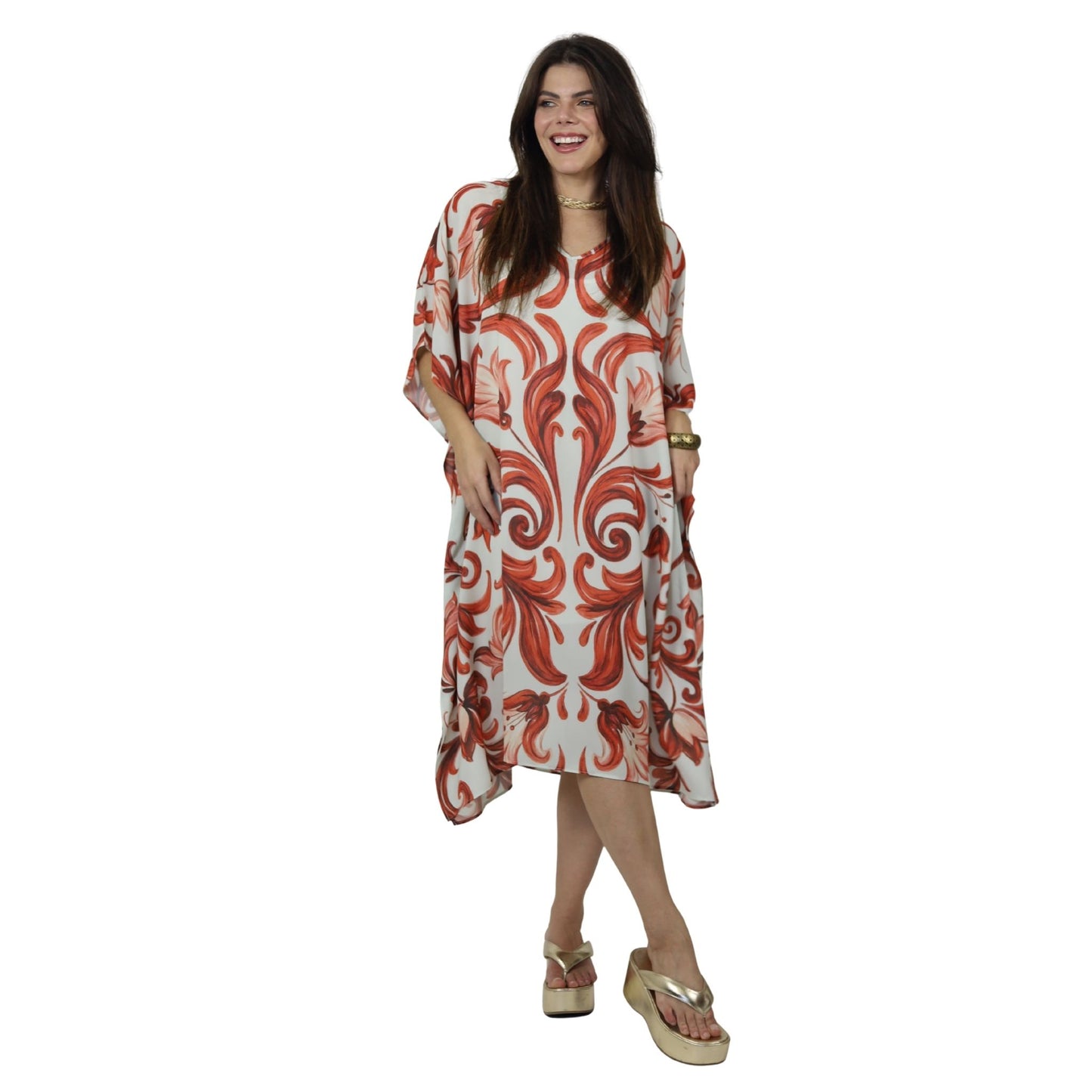 Kaftan Curta estampada Bixugrillo Moldura Laranja