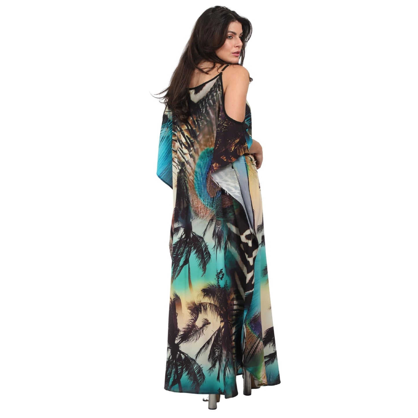 Kaftan vestido Longo de alça, ombro aberto Bixugrillo estampado coqueiro pavão